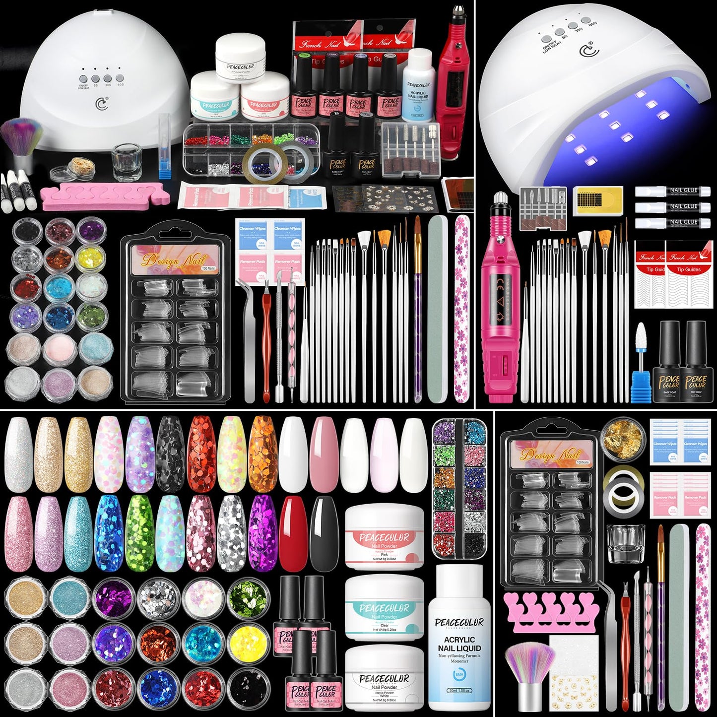 Peacecolor Complete Acrylic Nail Kit with Drill U V Lamp, 3PC Acrylic Powder 4PC Gel Polish 18PC Glitter Powders Pink White Nude Clear, Beginner Set for DIY Home Salons