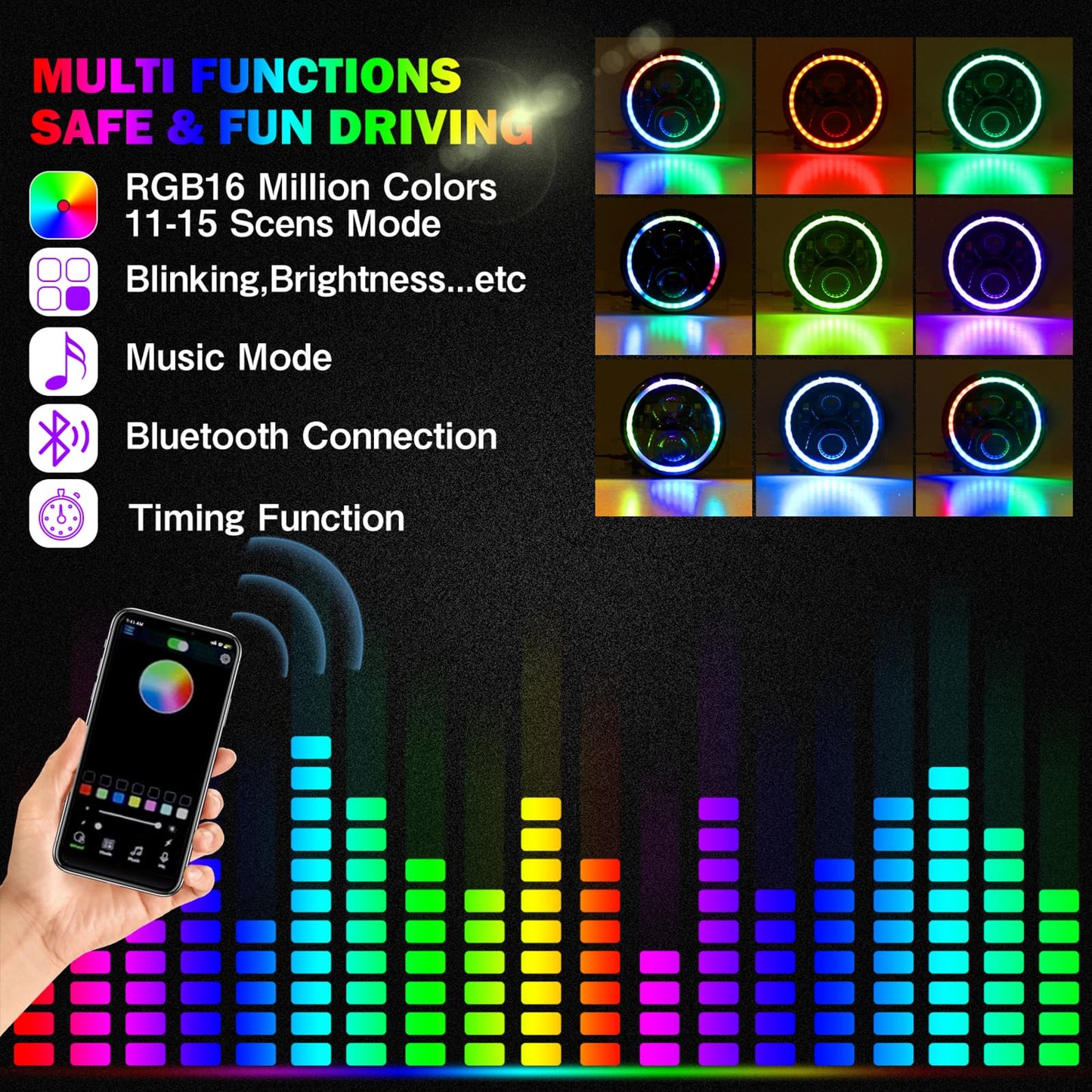 YEEGO DIRECT 7 Inch LED Headlight RGB Halo for Wrangler Headlights & 4 Inch RGB Fog Lights, DOT Approved, Bluetooth APP Control Custom Colors, Compatible with Wrangler 1997-2018 JKU JK TJ LJ