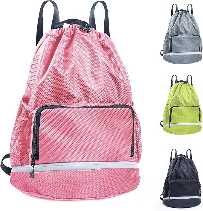 Beach Swim Bag Sports Drawstring Backpack - Gym Bag with Shoes Compartment and Waterproof Pocket for Accessories, Swim Essentials - Workout Bag