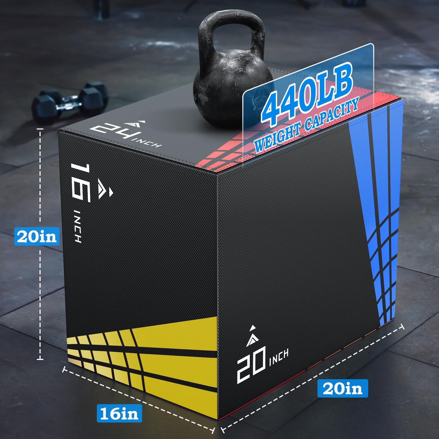 3-In-1 Foam Plyometric Jump Box,Stable Plyo Box Covered with 3MM Anti-Slip Particles,24βx20βx16βStable Box Jumps for Home Gym Fitness Workout Training,440lb Weight Capacity