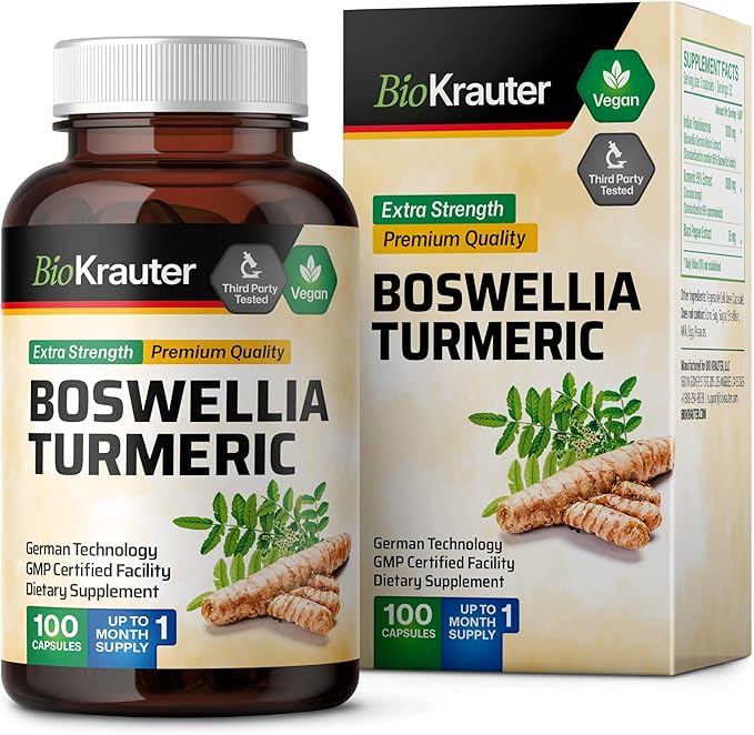 BIO KRAUTER Turmeric Supplement with Boswellia Extract Capsules - 2000 mg Blend - 100 Count - Vegan Boswellia Turmeric (Curcumin) - Formula w/Black Pepper