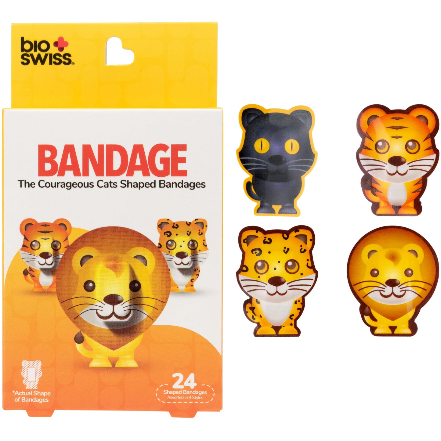 BioSwiss Bandages, Courageous Cats Shaped Self Adhesive Bandage, Latex Free Sterile Wound Care, Fun First Aid Kit Supplies for Kids and Adults, 24 Count