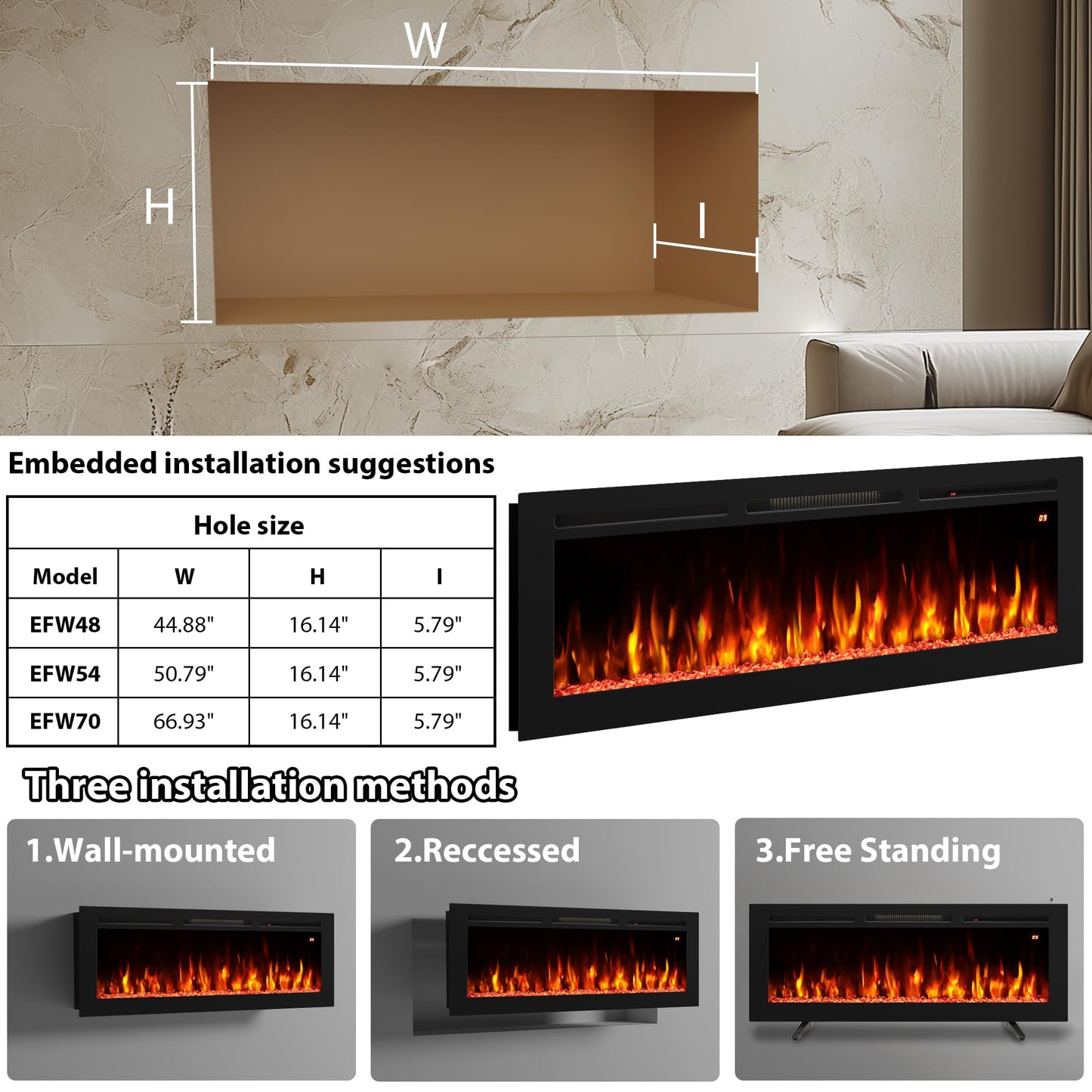 Oxhark Flame 54 Inches Electric Fireplace, Freestanding & Wall Mounted & Recessed, Electric Fireplace Heater with Remote Control, 196 Flame Combinations, 6 Levels Brightness, Timer, Black, 1500W/750W