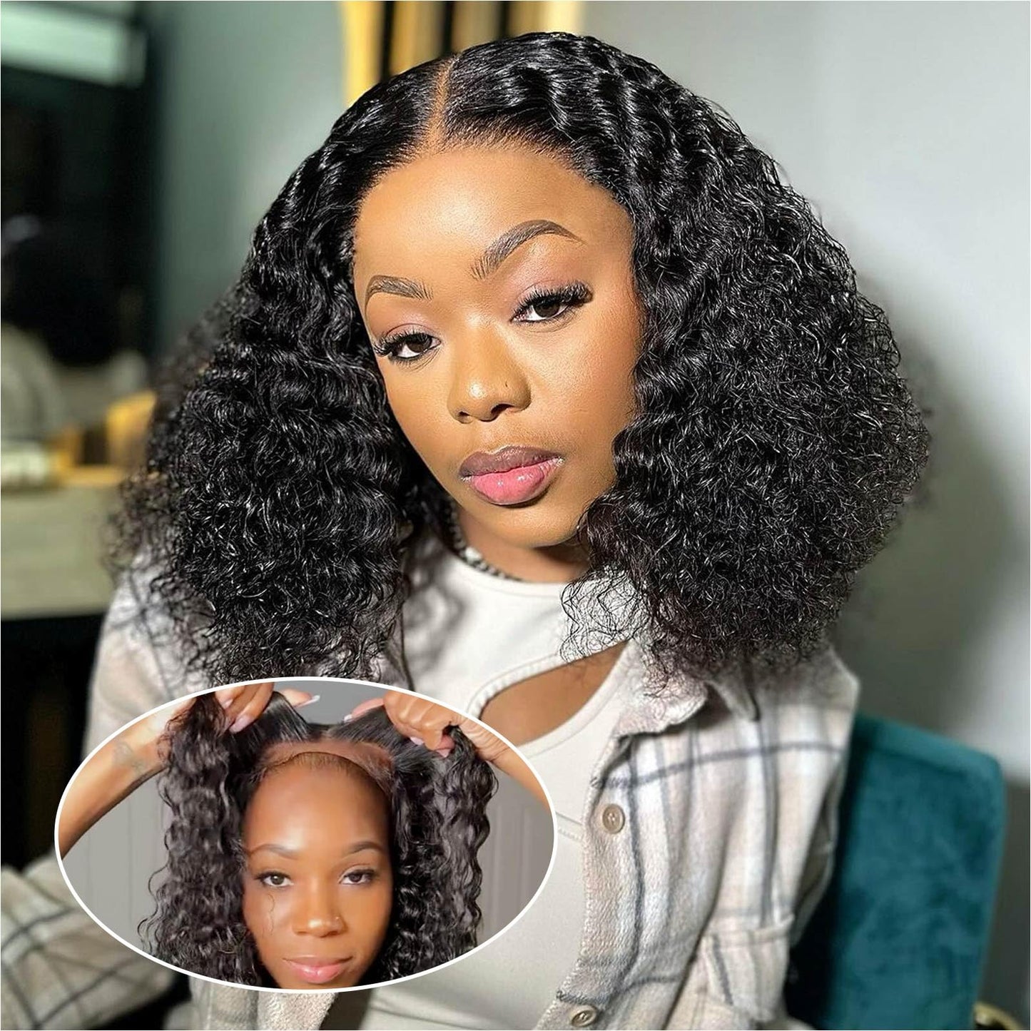 Ailwelia Deep 5x5 Hd Lace Closure Wigs Human Hair 200% Density Curly Bob Wig Deep Wave Closure Bob Wigs For Black Women Glueless Wigs Human Hair Pre Plucked 12 Inch
