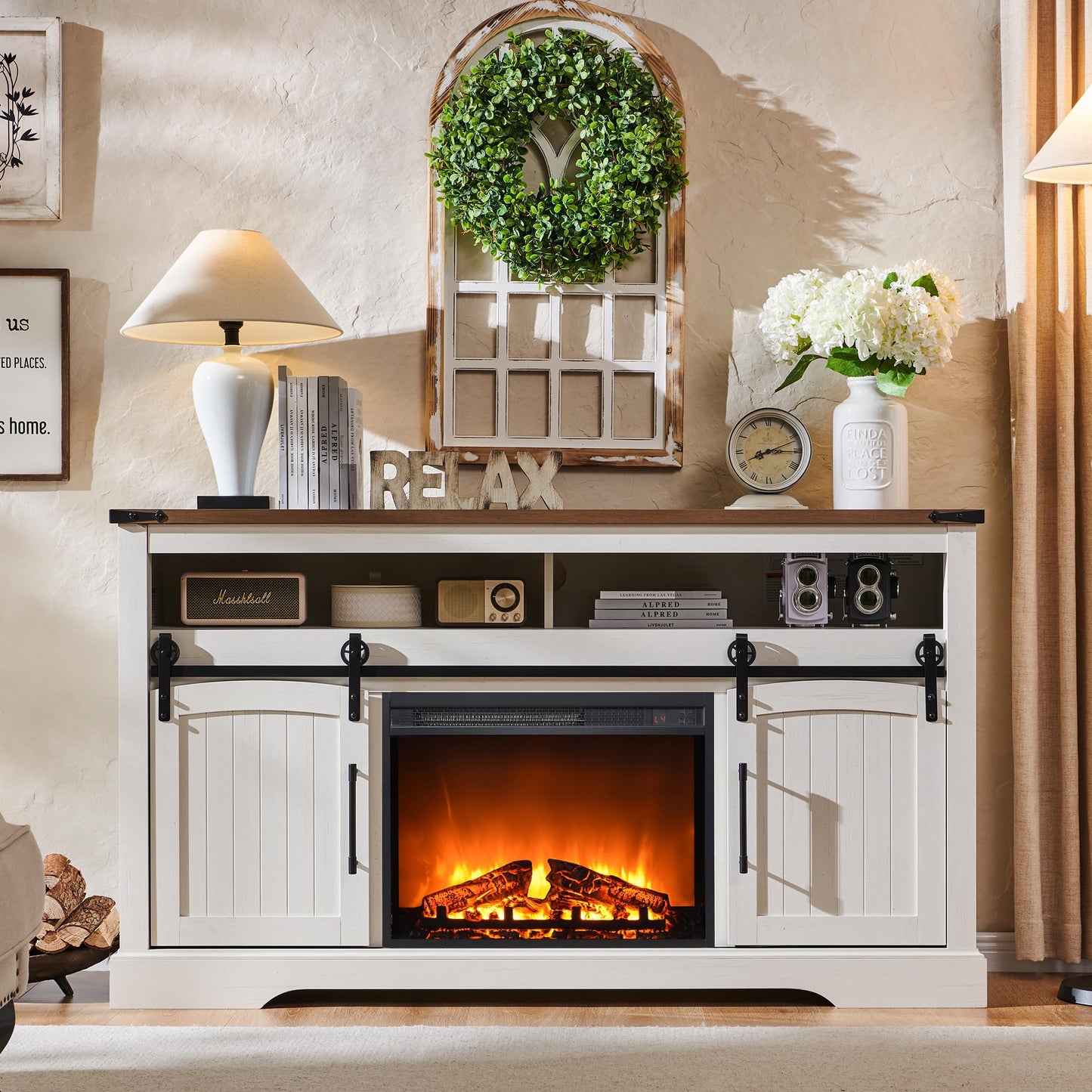 OKD Farmhouse Fireplace TV Stand for 70+ Inch TV, 33" Tall Highboy Entertainment Center w/Electric Fireplace, Rustic Media Console w/Sliding Arched Door for Living Room,Antique White