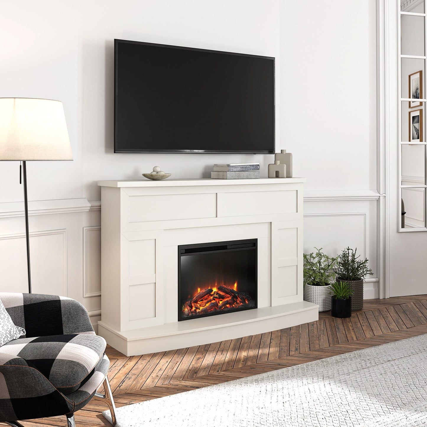 Ameriwood Home Barrow Creek 53.5 Inch Electric Fireplace with Mantel, Replaceable Fireplace Insert Heater, Remote Control, Timer, Realistic Log and Flame Effect, for Living Room or Bedroom, White