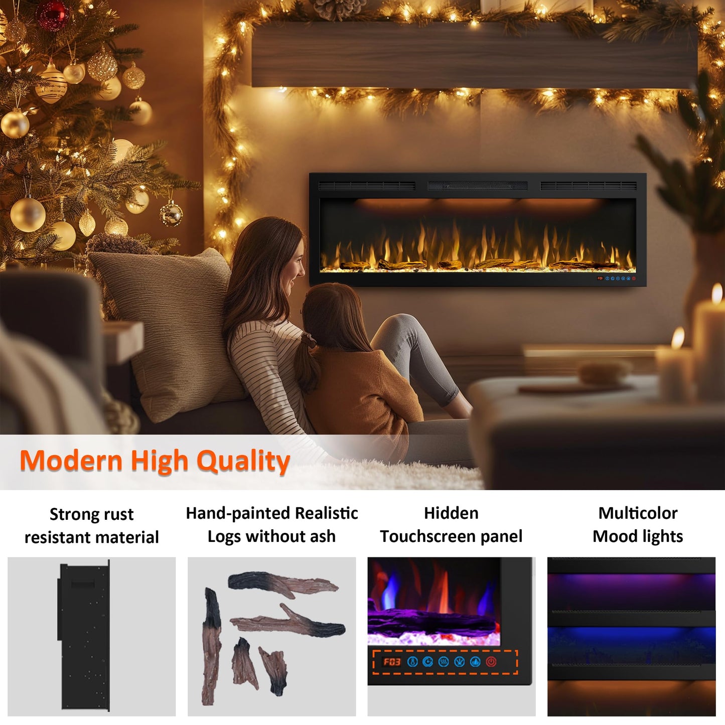 60 inches Electric Fireplace, Recessed and Wall Mounted Fireplace Heater and Linear Fireplace Inserts, with Timer, Remote Control, Adjustable Flame & Light Colors, 750W/1500W, Black