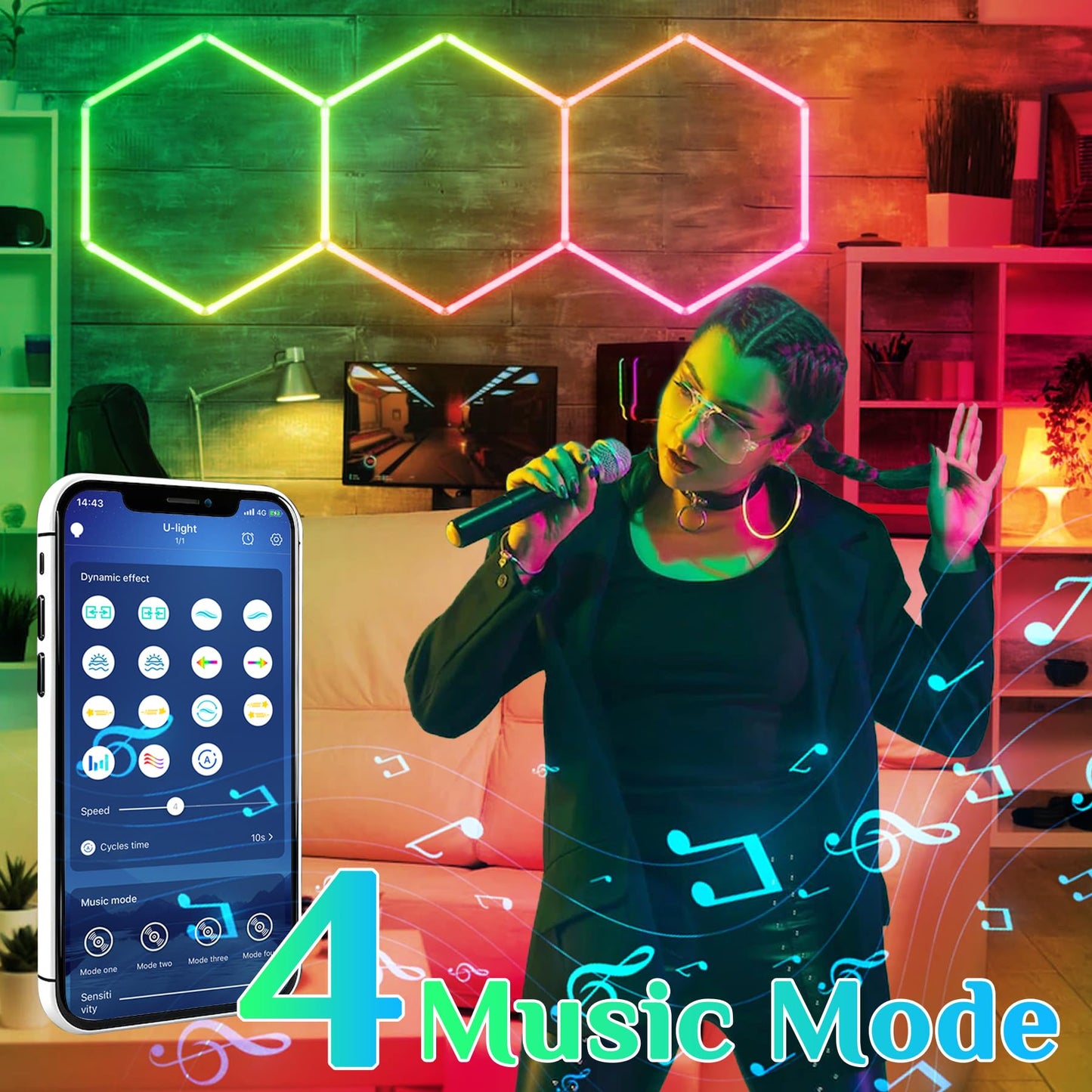 RGB Hexagon Lights - 4 Music Modes Hexagon LED Lights Dimmable, 358 Color Modes, Remote Control, IP54 Waterproof, DIY for Gaming Room, Gym, Party, Bar