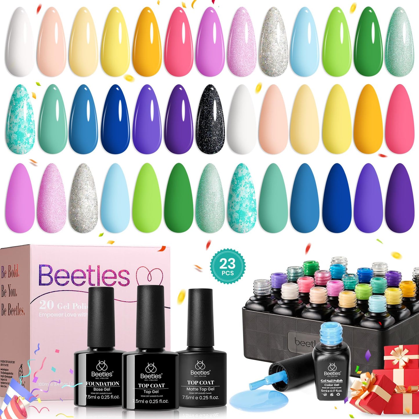 Beetles Spring Gel Nail Polish Set, 23 PCS 20 Colors Pastel Neon Pink Yellow Green Blue White Glitter Gel Nail Polish Kit Base Coat Matte Glossy Top Coat Gel Polish Soak off Uv Gift for Women