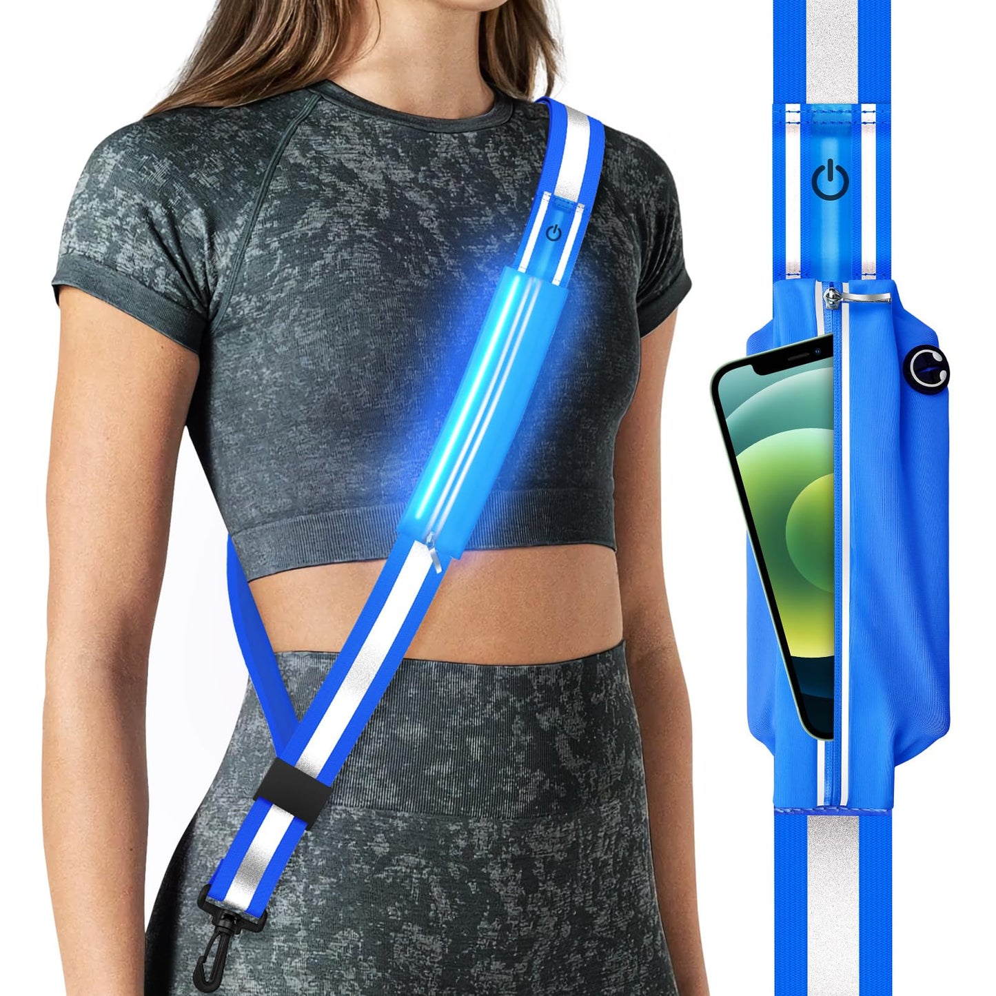 Fokia Kunbio LED Reflective Belt Sash for Walking at Night, Night Running Safety Gear High Visibility Rechargeable LED Light Up Running Belt for Runners Walkers Men Women (Bule)