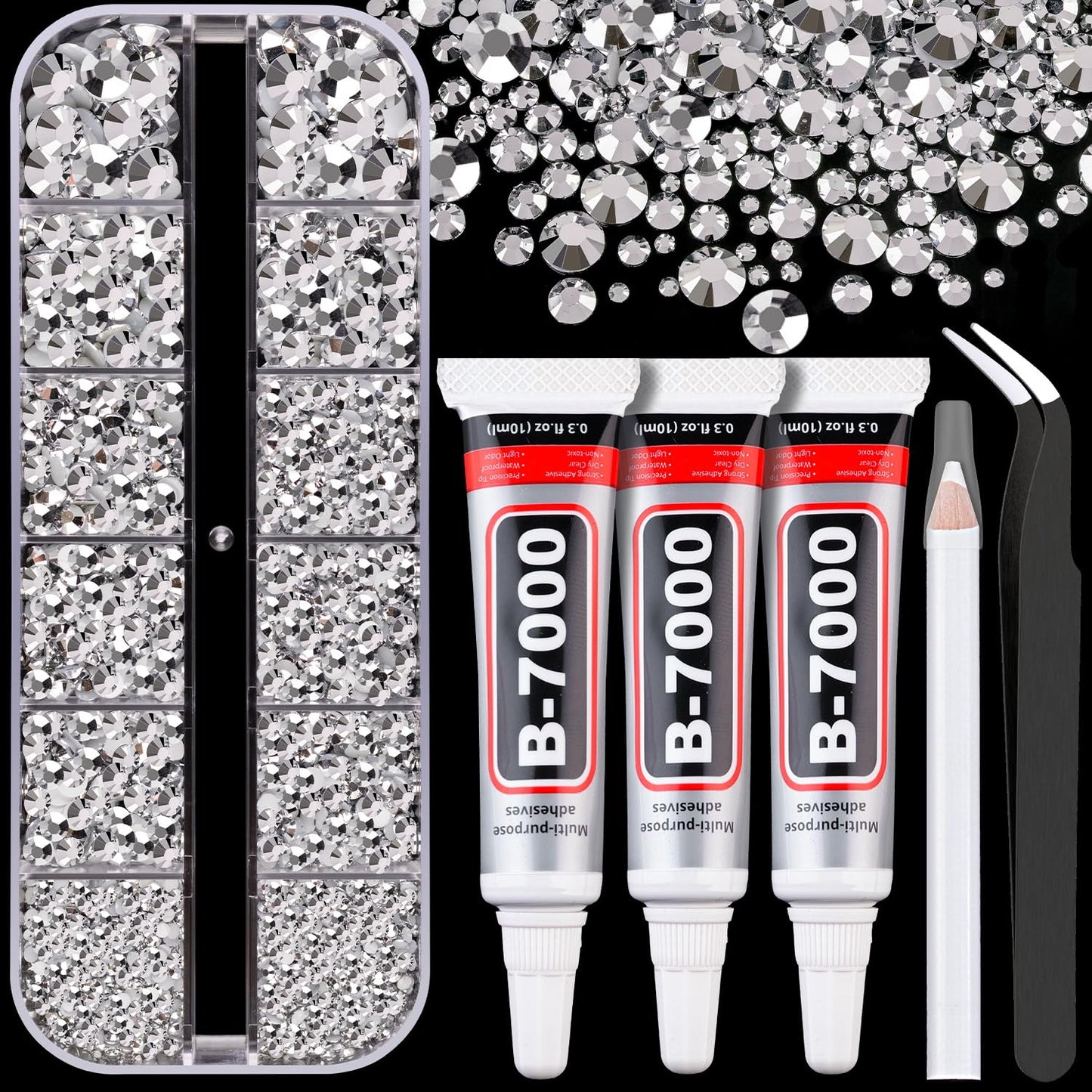 Resin Rhinestones for Crafting with B7000 Jewelry Glue, 1 Box Silver Flatback Crystals with 3Pcs 10ml Glue for Bedazzling Crafts DIY Nail Art Makeup,Non Hotfix Gems for Clothing Shoes