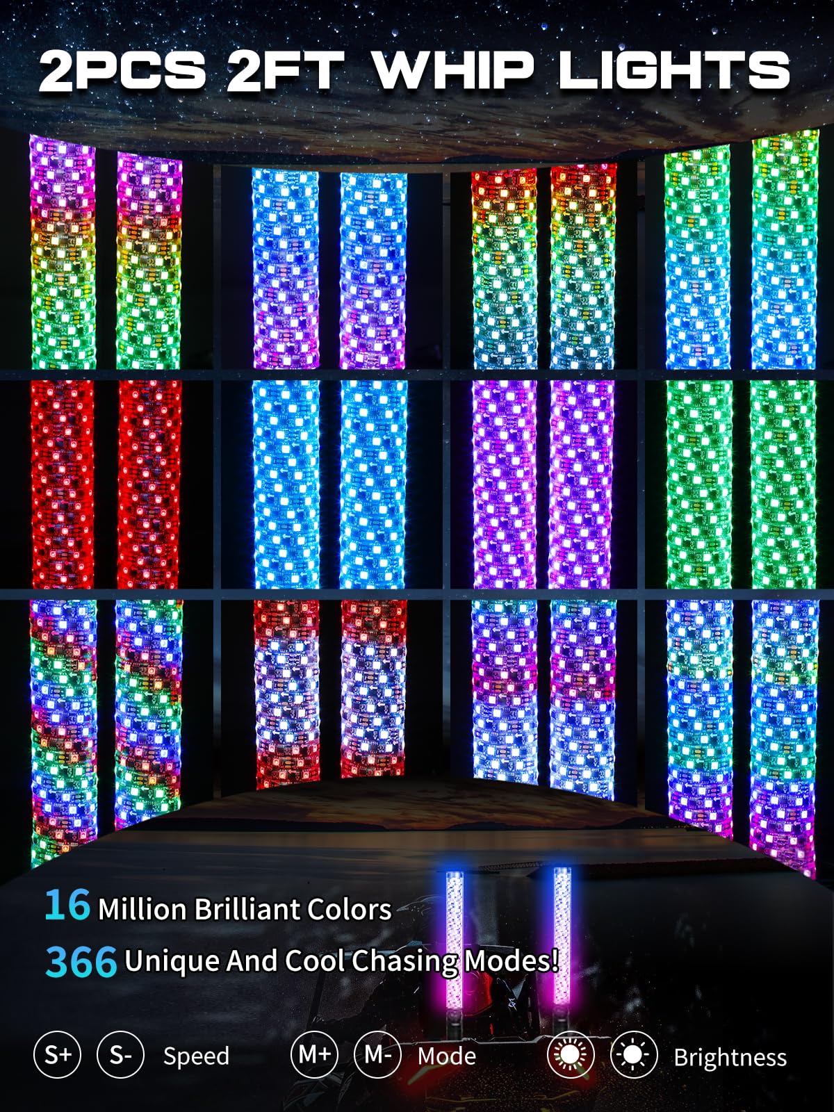 VI9000 2 Pack 2FT Fat Whip Lights, LED Whip Lights with App & Remote Control, Spiral RGB Chasing Lighted Antenna Whips with Rocker Switch, Music Whip Light for SXS UTV ATV RZRCan-Am X3 Off-Road