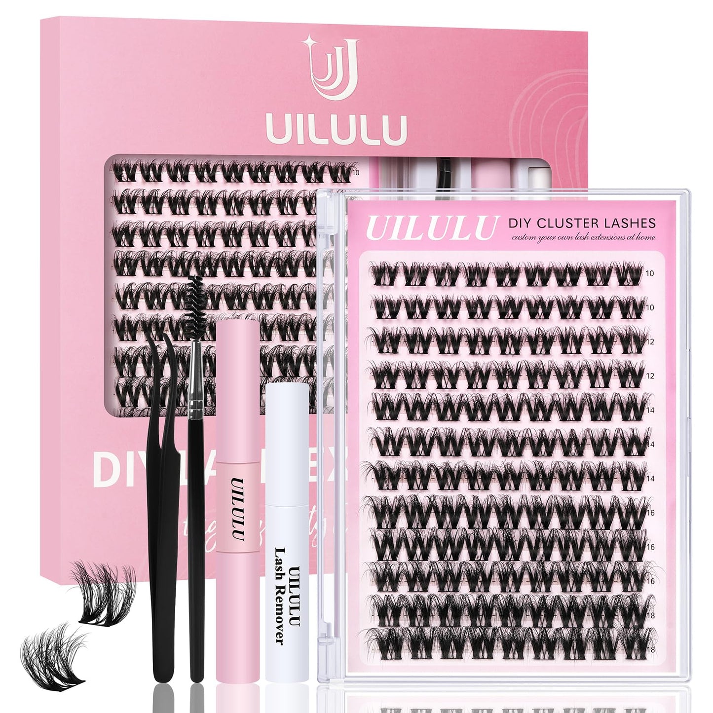 Uilulu Lash Clusters Kit 108 Individual Clusters Lashes False Eyelashes Kit, DIY Lash Extension Kit with Lash Bond & Seal, Lash Remover, Lash Tweezers & Lash Brush D Curl-0.07-10-18MM (U10 Lash Kit)