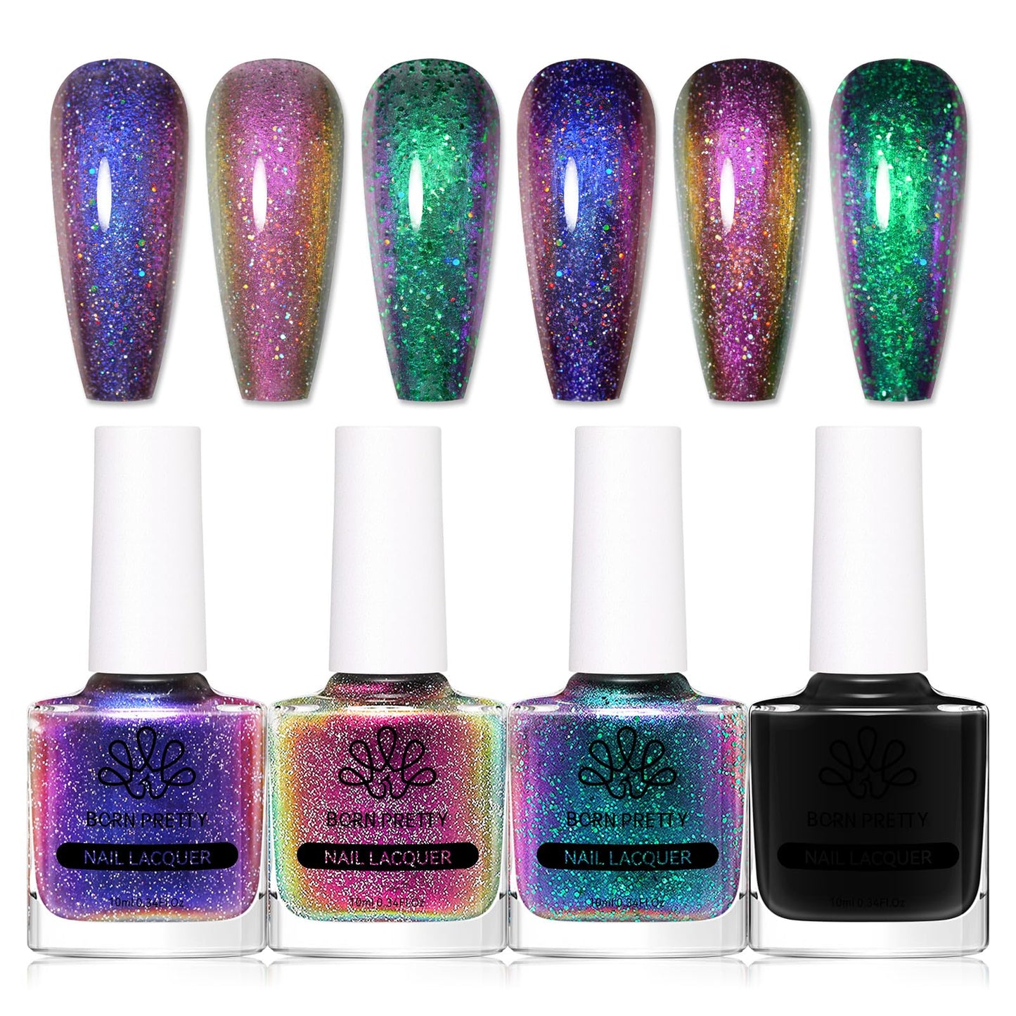 Born Pretty Chameleon Nail Polish Set Holographic Glitter Polish Sparkle Shimmer Nail Art Polish With Black Nail Polish Multicol