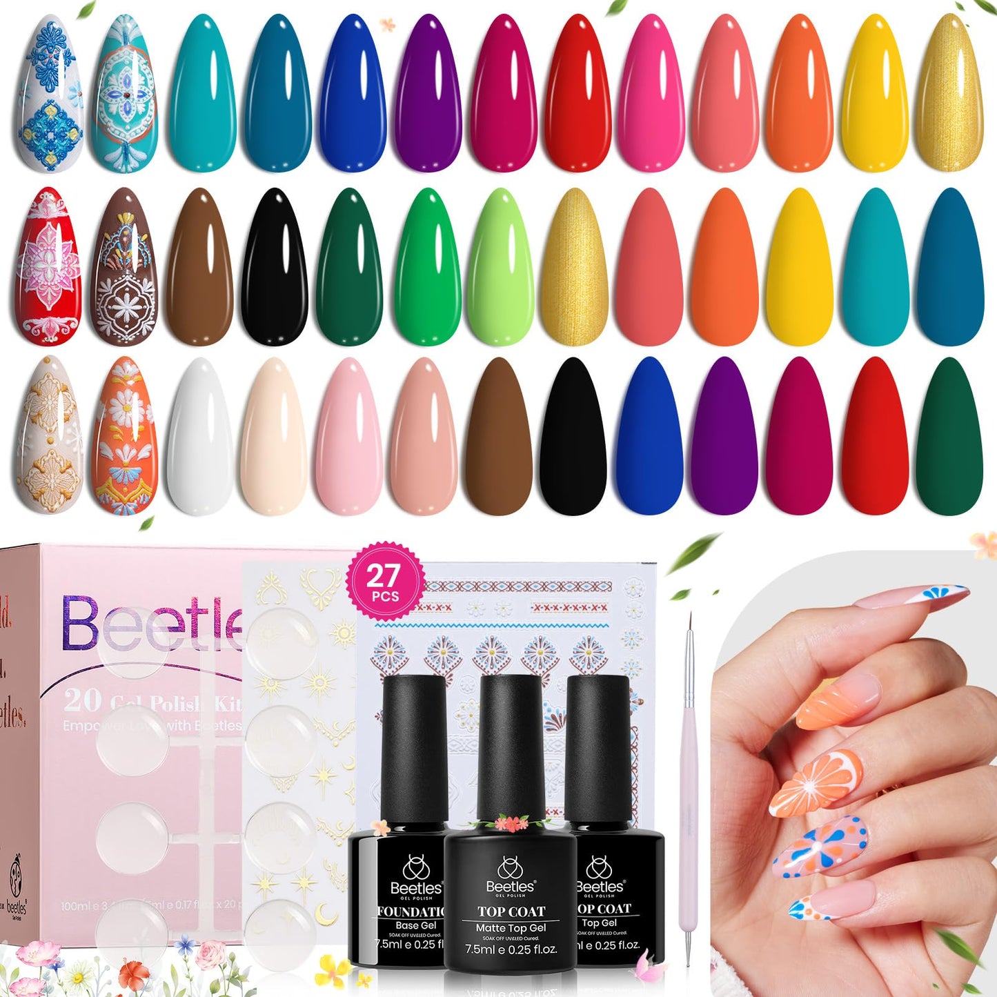 Beetles Gel Nail Polish Set, 27 Pcs 20 Colors Spring Gel Polish Kit Nude Pink White Red Green Neutral Gel with Base Coat Matte Glossy Top Coat Soak Off UV Pen Stickers Tools Gifts for Women