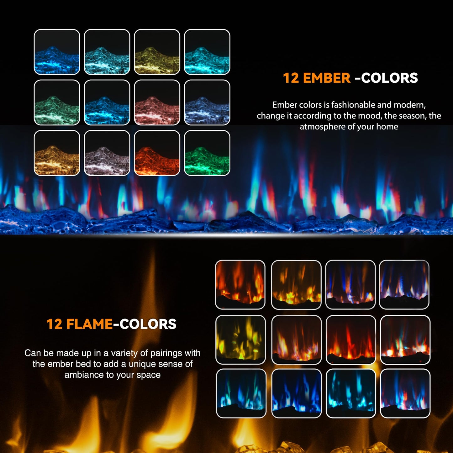 Manastin 50" Ultra-Thin Electric Fireplace Recessed and Wall Mounted with Remote Control, 12 Adjustable Color Fireplace Heater(60-99ยฐF Thermostat), Low Noise, Timer, Child Lock