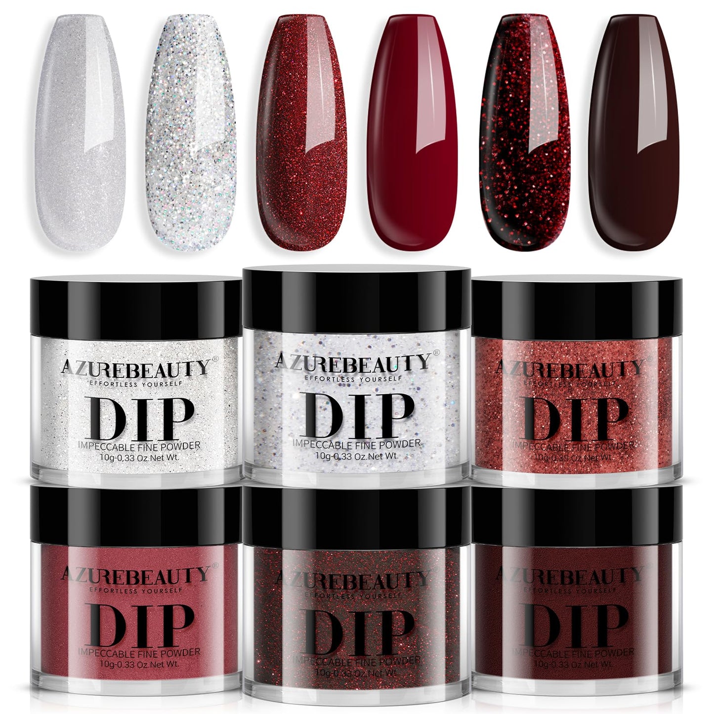 AZUREBEAUTY Dip Powder Set,6 Colors Sparkling Silver&Burgundy Glitter Red Dipping Powder Starter Kit French Nail Art Manicure DIY Salon Gifts for Women,No Need Nail Lamp Cured