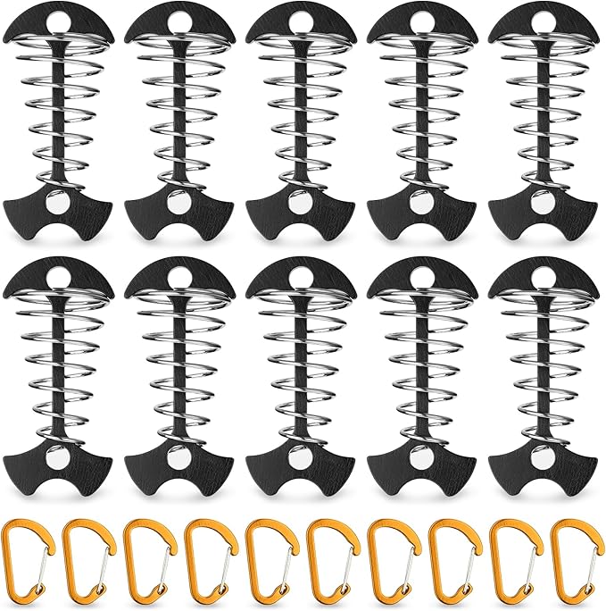 TOBWOLF 10PCS Black Fishbone Deck Anchor Pegs with Carabiners, Aluminium Deck Tie Down Tent Stakes, Windproof Tent Rope Tighteners with Spring Buckle, Outdoor Camping Hiking Cord Adjuster Tensioners