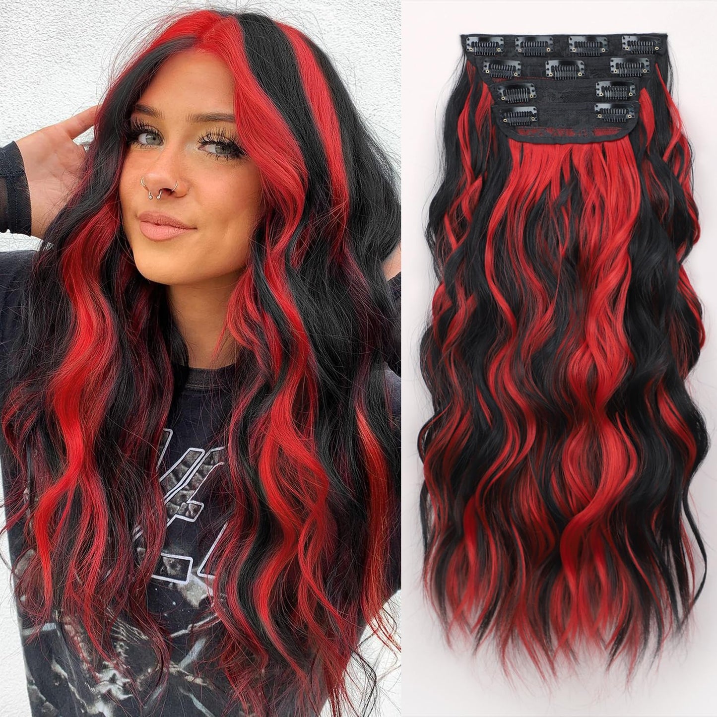ALXNAN Clip in Long Wavy Hair Extension 20 Inch Black Red Highlights Hair Extensions 4PCS Thick Hairpieces Fiber Double Weft Hair for Women