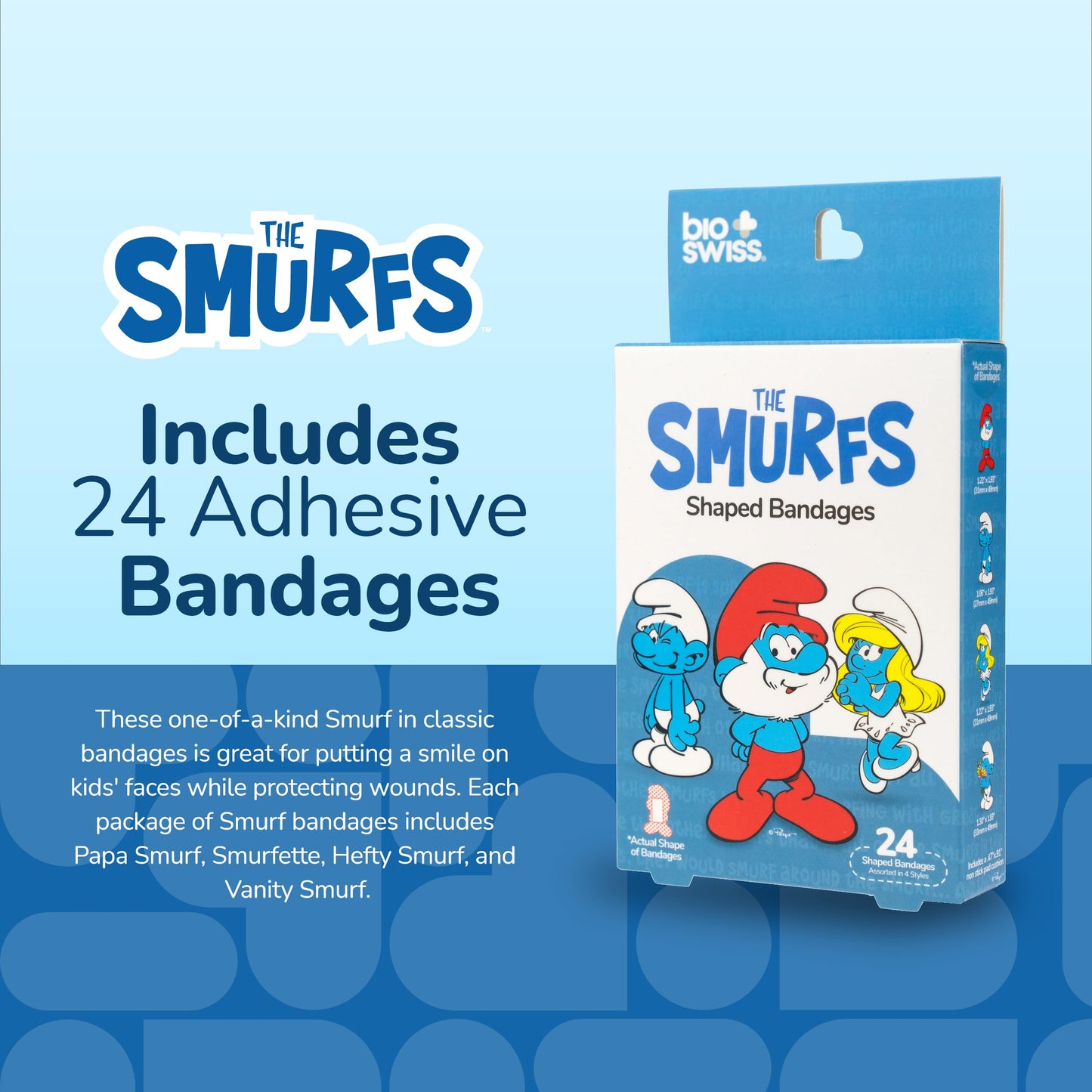 BioSwiss Bandages, The Smurfs Classic Shaped Self Adhesive Bandage, Latex Free Sterile Wound Care, First Aid Supplies for Kids and Adults, 24 Count