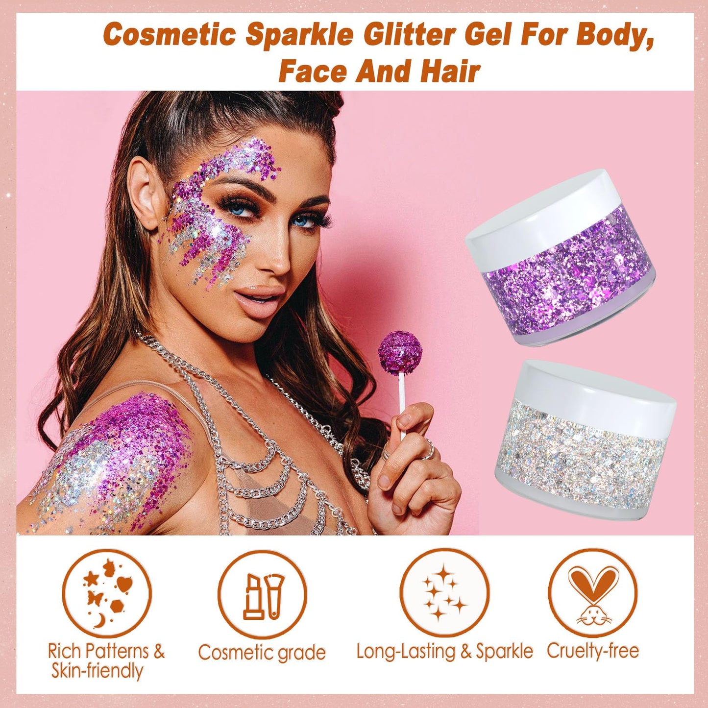 Boko 50ML Body Glitter Gel, Gold Mardi Gras Mermaid Chunky Glitter Gel for Face Hair Body Sparkle Makeup, Cosmetic Face Glitter Sequins for Mardi Gras Concert Party Event Rave Accessories