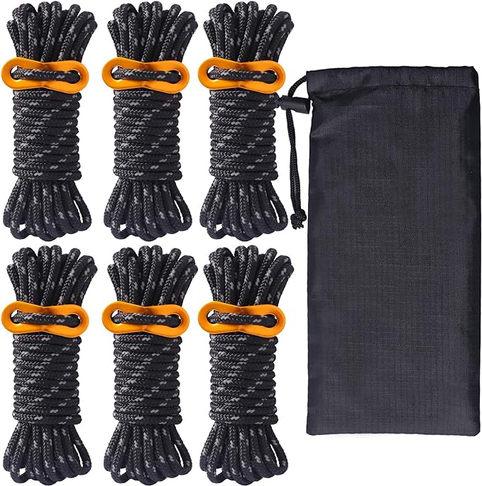 Hikeman 6 Pack 4mm Outdoor Guy Lines Tent Cords Lightweight Camping Rope with Aluminum Guylines Adjuster Tensioner Pouch for Tent Tarp, Canopy Shelter, Camping, Hiking, Backpacking (Black)