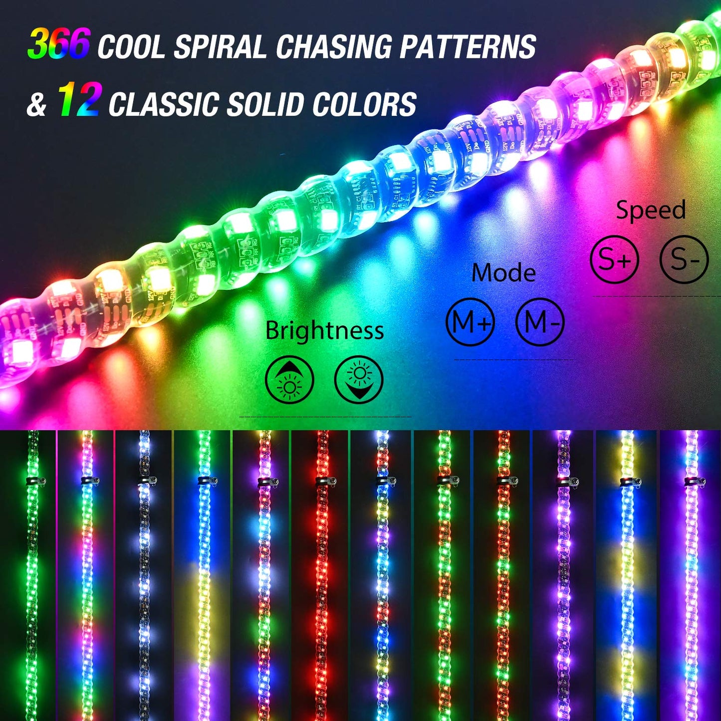 Nilight - TL-27 2PCS 4FT Spiral RGB Led Whip Light with Spring Base Chasing Light RF Remote Control Lighted Antenna Whips for Can am ATV UTV RZR Polaris Dune Buggy Offroad Truck