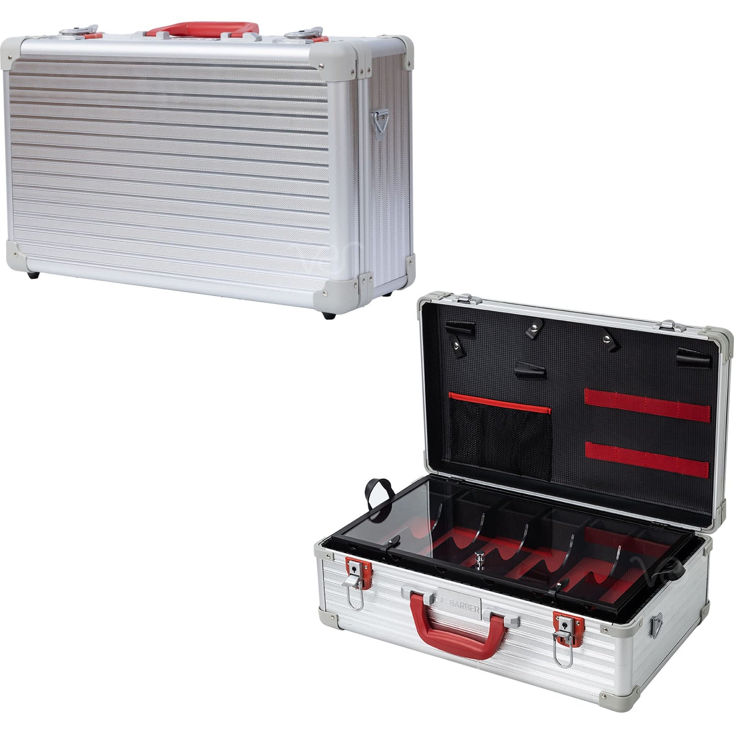 JC Barber Professional Barber Case, Stylist Tool Box Organizer &n Traveling Suitcase with Removable 6 Clippers Tray Holder, Storage for Shears, Combs, Brush, Hair Accessories and Hairdresser Supplies