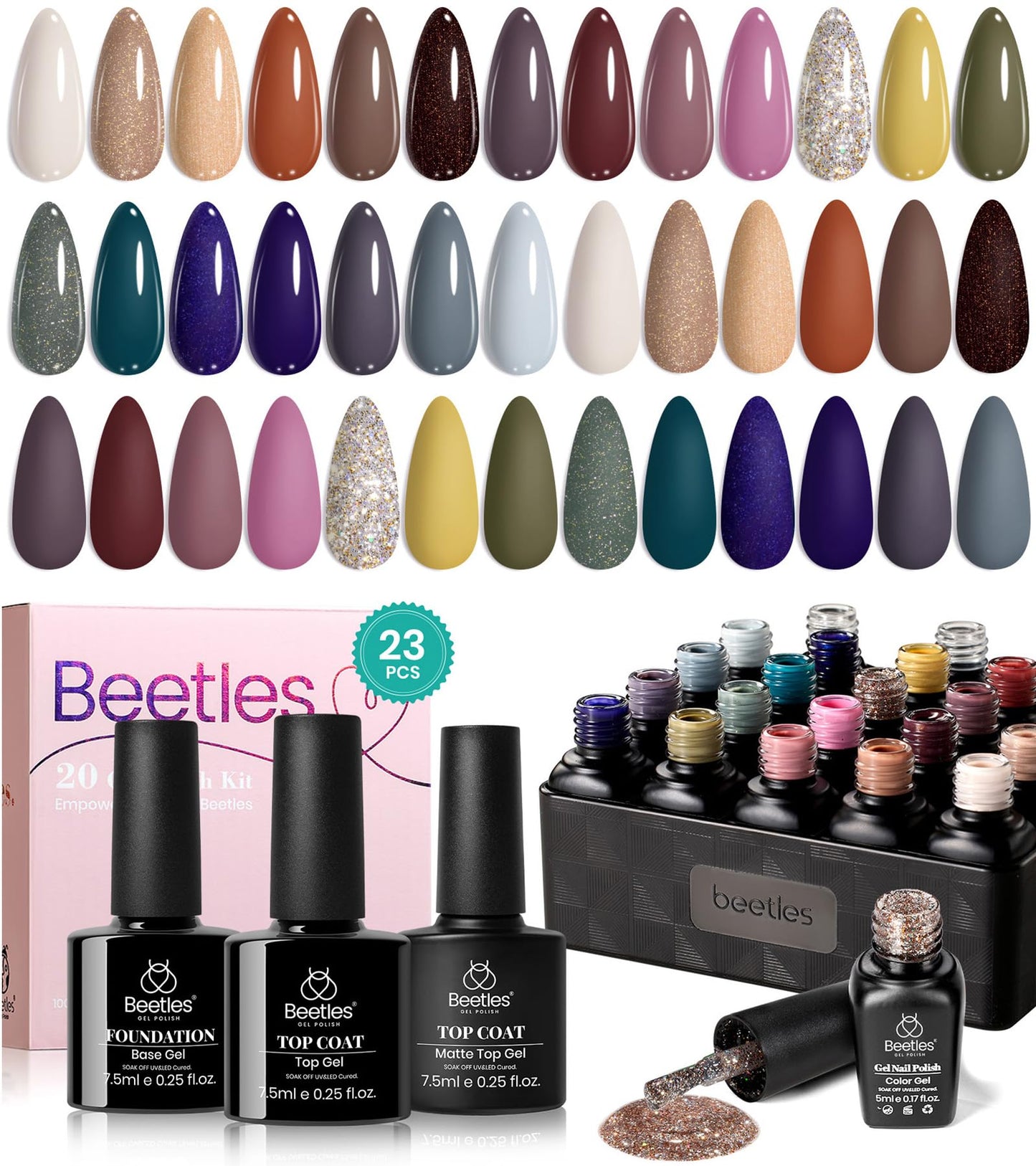 Beetles Gel Nail Polish, 20 Colors Nude Brown Blue Green Gray Yellow Glitter Earth Song Collection Gel Polish Soak Off with Glossy & Matte Top Base Coat Gel Manicure Kit Gift for Women