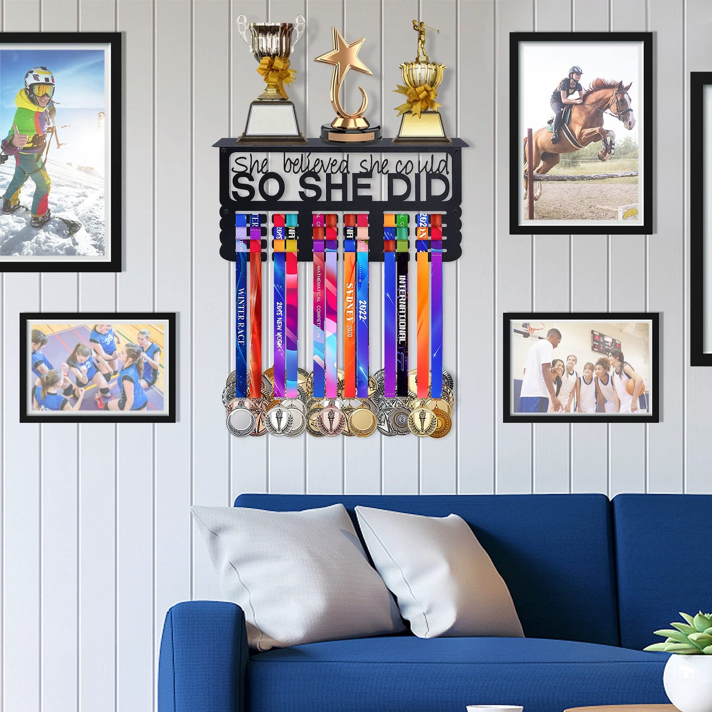 Biggun Metal Trophy and Medal Display Shelf- Easy to Install Medal Hanger Display with Trophy Shelf Medal Holder for Over 70 Running Race Wrestling Medals