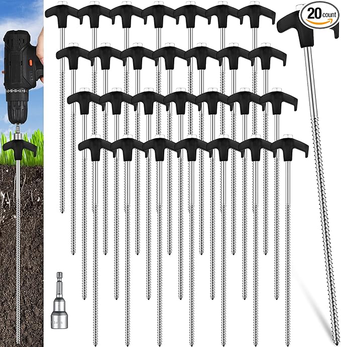 Hicarer 12 Inch Tent Stakes Screw in Camping Stakes Heavy Duty Metal Stake Ground Anchor Peg Threaded Tent Spikes with Hex Head Driver for Camping Garden Inflatable