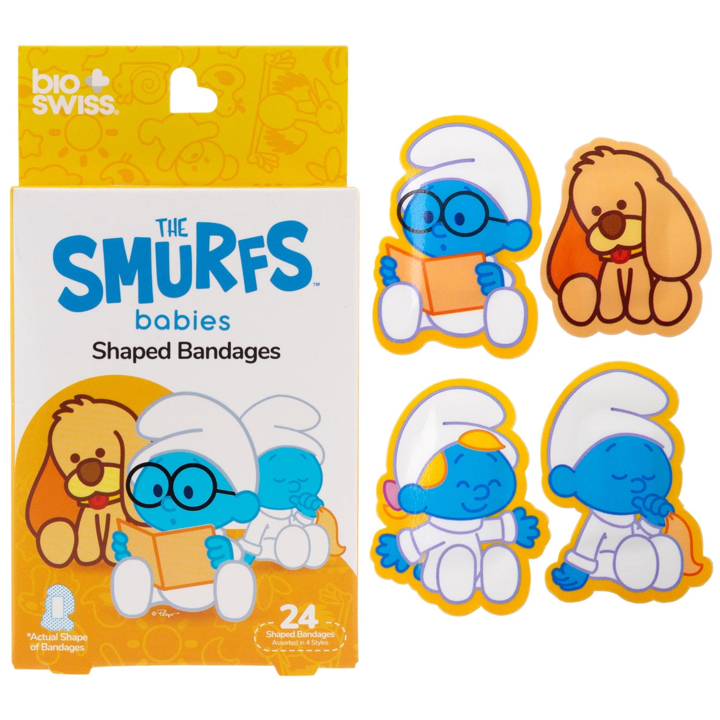 BioSwiss Bandages, The Smurfs Baby Smurf Shaped Self Adhesive Bandage, Latex Free Sterile Wound Care, Fun First Aid Kit Supplies for Kids and Adults, 24 Count Box