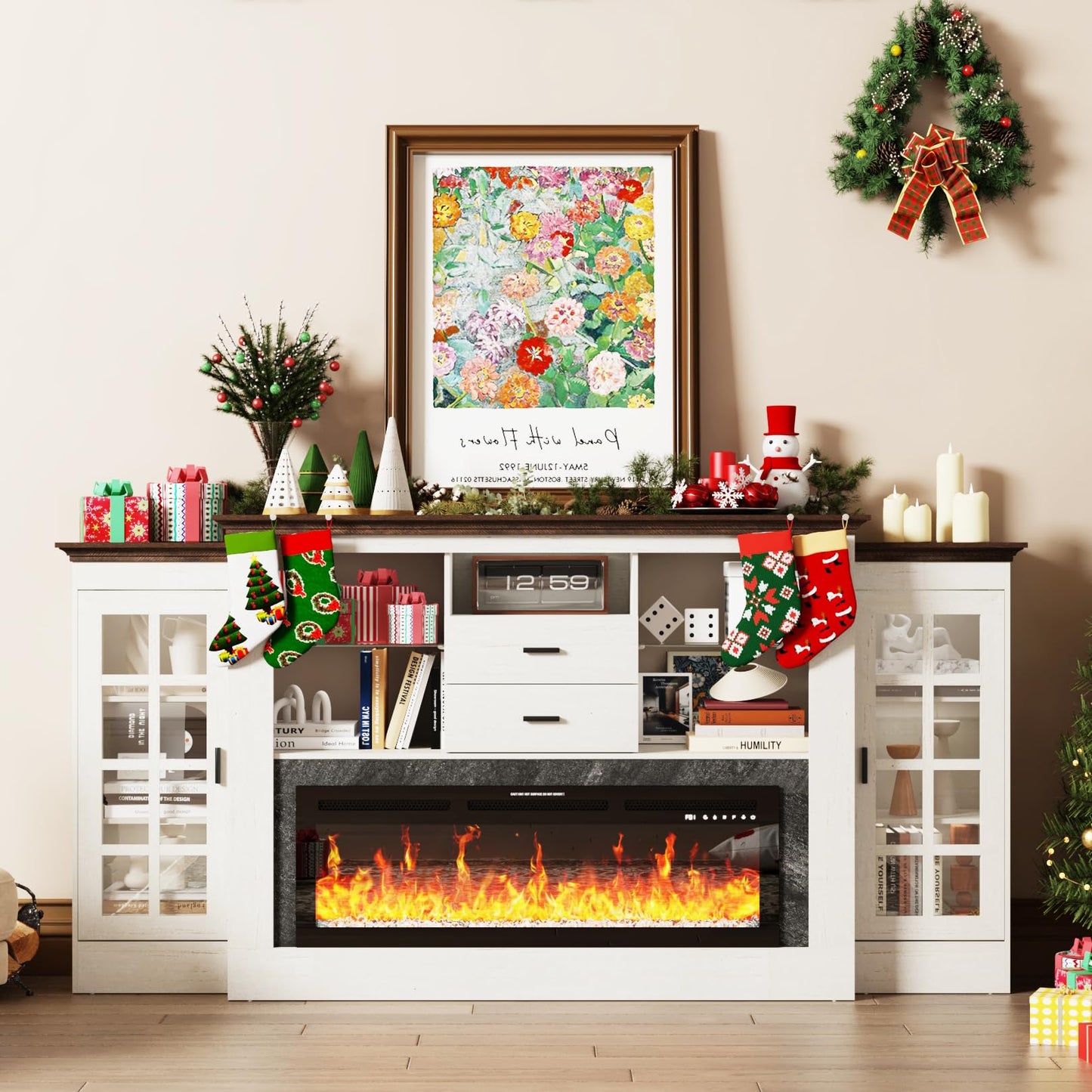 85" Electric Fireplace with Mantel, Fireplace TV Stand w/42 Electric Fireplace for 65 Inch TVs with Power Outlets, Farmhouse Entertainment Center with Storage for Living Room, Bedroom, Antique White