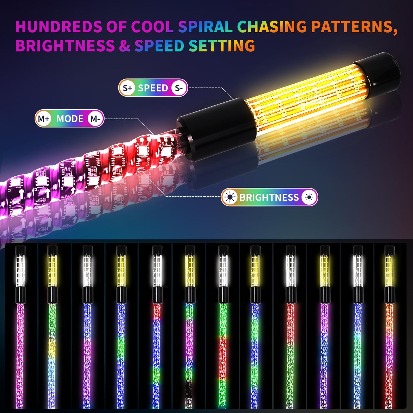 2PCS 3FT LED Whip Light and Blare Flash Light Kit with Spring Base, Spiral RGB Chase and Music Lights Whips with Rocker Switch, App & Remote Control, for UTV ATV RZR SXS Can-Am Polaris