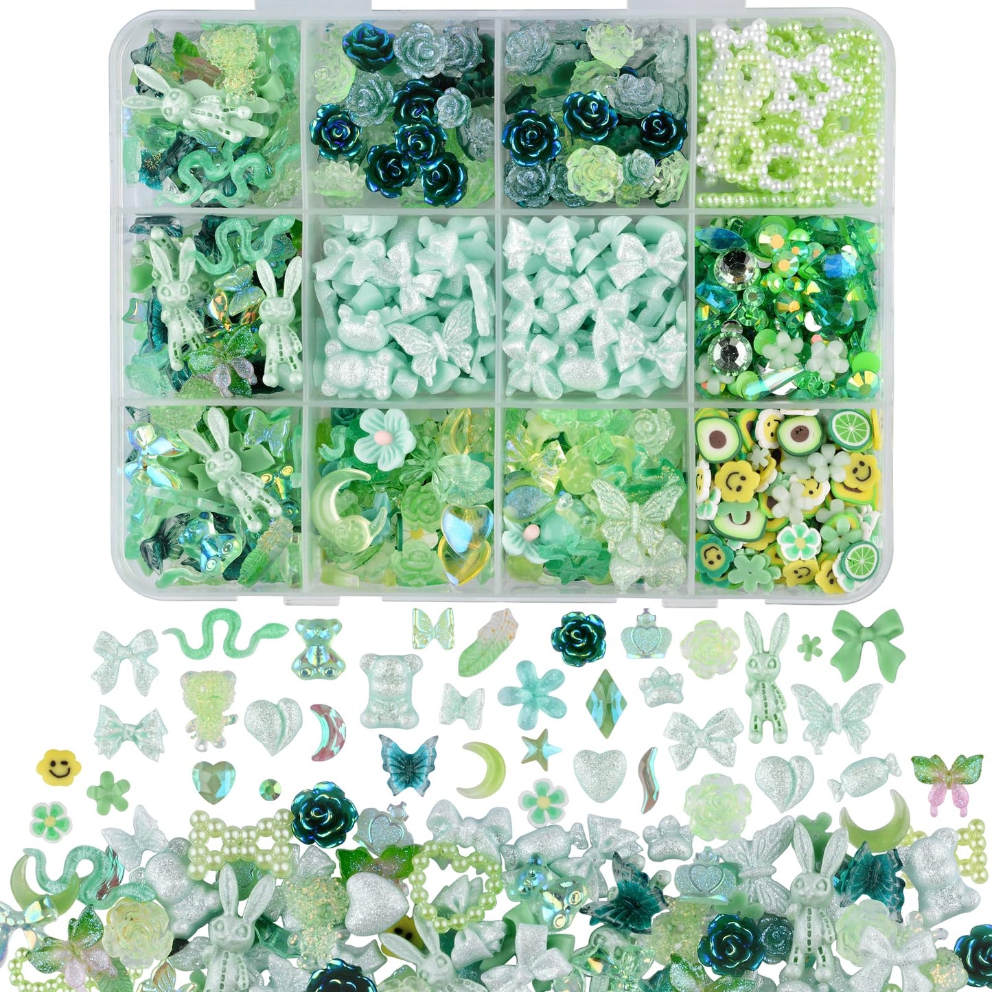 Kikonoke 850 Pieces 3D Butterfly Rose Flower Bow Rabbit Bear Nail Charms Kit with Nail Art Rhinestones Pearls Crystal Gems Nail Slices for Manicure DIY Crafts Jewelry Accessories (Green)
