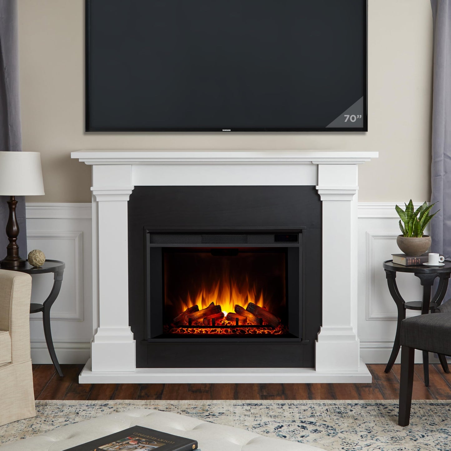 Real Flame Callaway 63" Grand Electric Fireplace with Mantel in White, Free-Standing Oversized Indoor Electric Fireplace with Mantel, Adjustable Thermostat, Automatic Safety Shut-Off