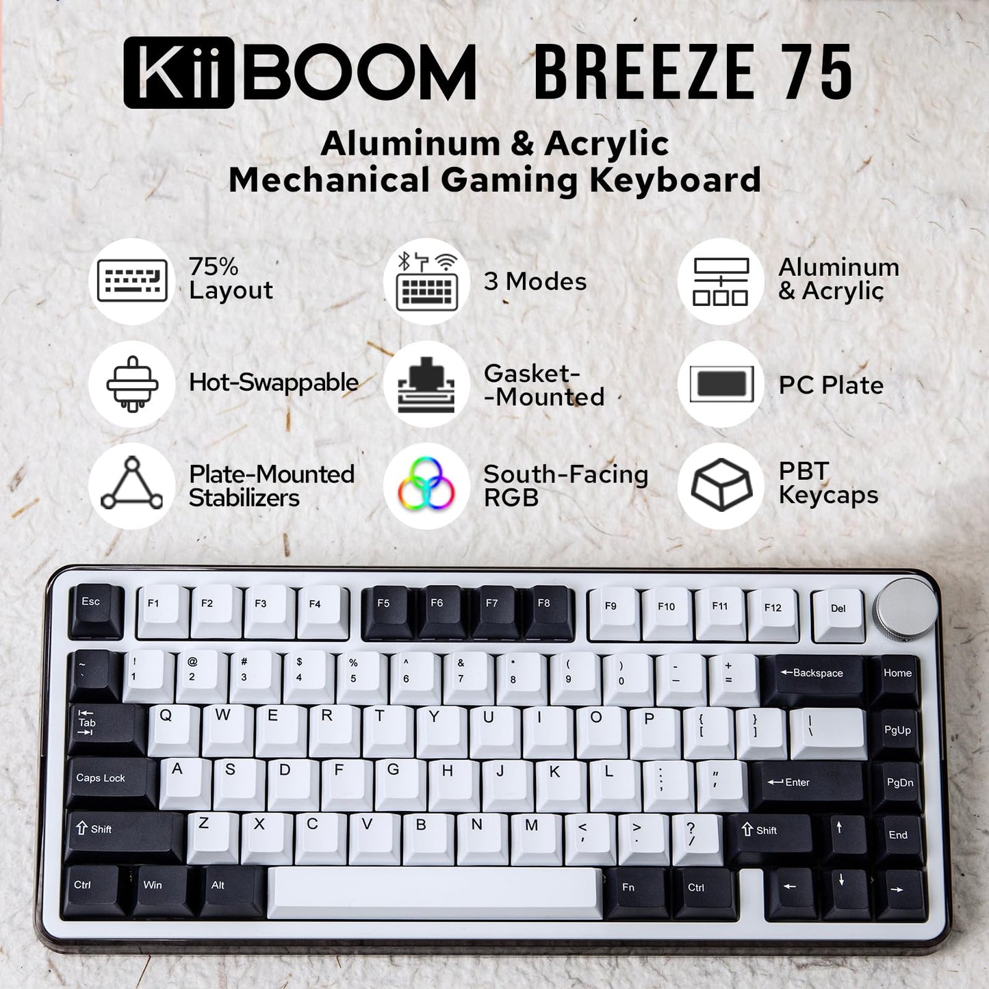 KiiBoom Breeze 75 75% CNC Aluminum and Acrylic Mechanical Gaming Keyboard, USB-C/BT5.0/2.4GHz Wireless Creamy Keyboard, with Gasket Structure, RGB, 8000mAh Battery for Win/Mac (Black)