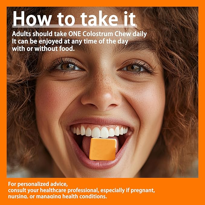 Bovine Colostrum Chews Supplement with probiotics for Gut Health, Bloating, Immune Support, Skin, Hair Growth and Beauty - Orange Flavor (60 Servings)