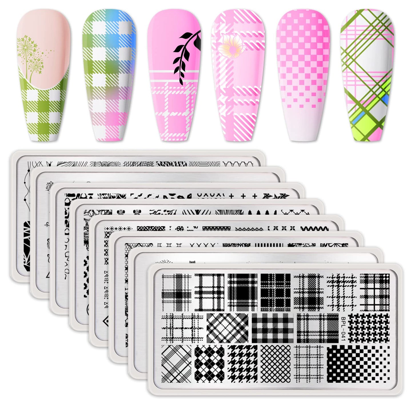 Born Pretty Nail Stamping Plates Set Plaid Flowers Leaves Lace Nail Art Image Plates Spring Into Winter Stamp Templates Kit Imag