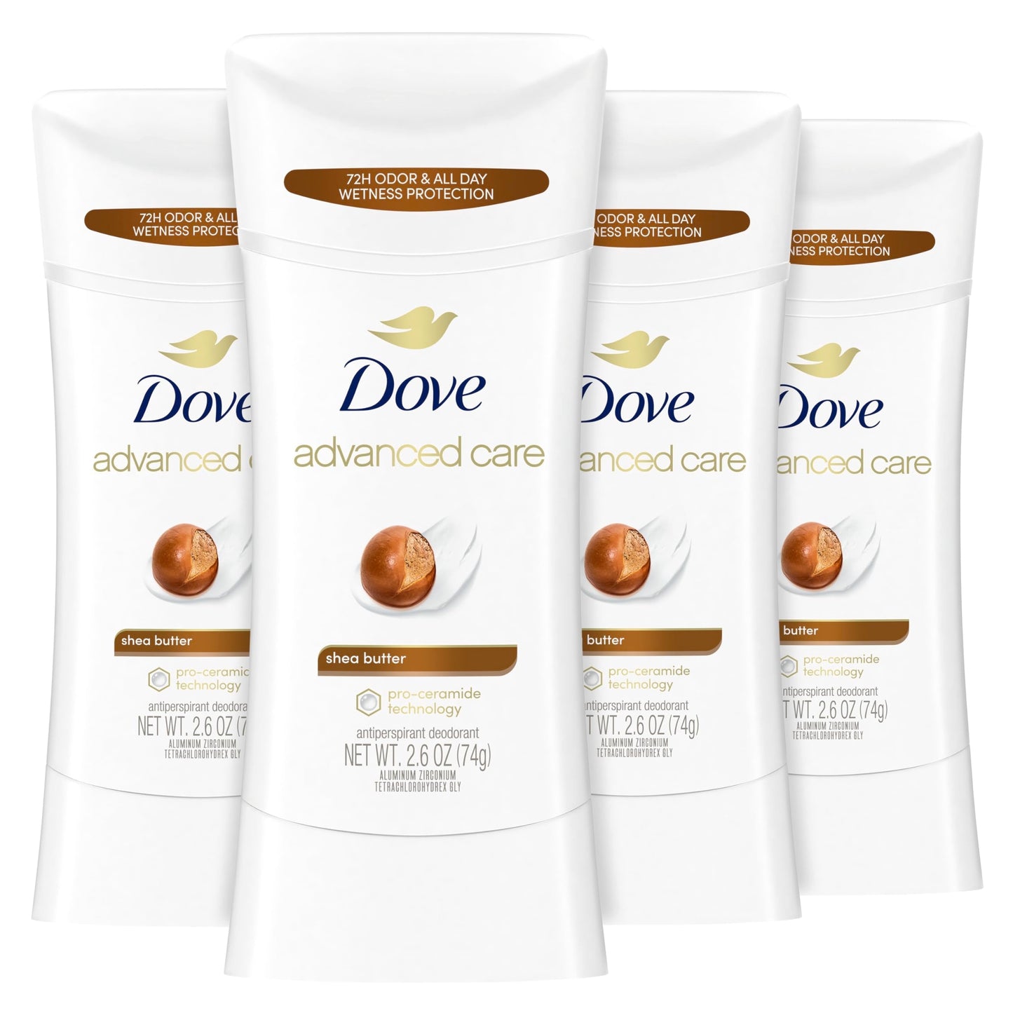 Dove Advanced Care Antiperspirant Deodorant Stick Shea Butter 4 ct with Pro ceramide technology for helping skin barrier repair after shaving 72 hour odor control sweat protection stick 2.6 oz
