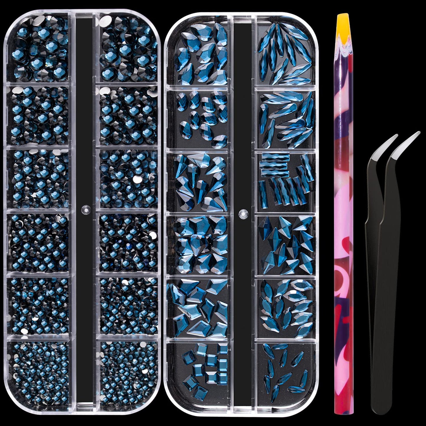 Multi Shapes Black Blue 3D Glass Crystal Nail Art Rhinestones Kit With Flatback Round Bead Charm Gem Stone Jewelry Diamond With