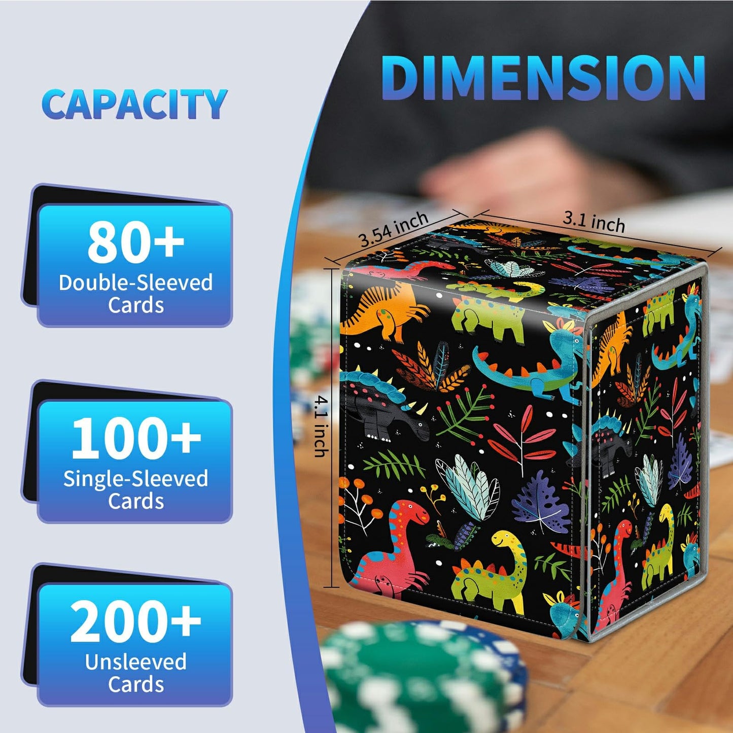 BREIDMKFM Card Deck Box for Trading Cards, MTG Commander Deck Box Fits 100+ Single Sleeved Cards, Leather Magnetic Card Storage Box for YuGiOh TCG CCG Cards, Dinosaur Leaves