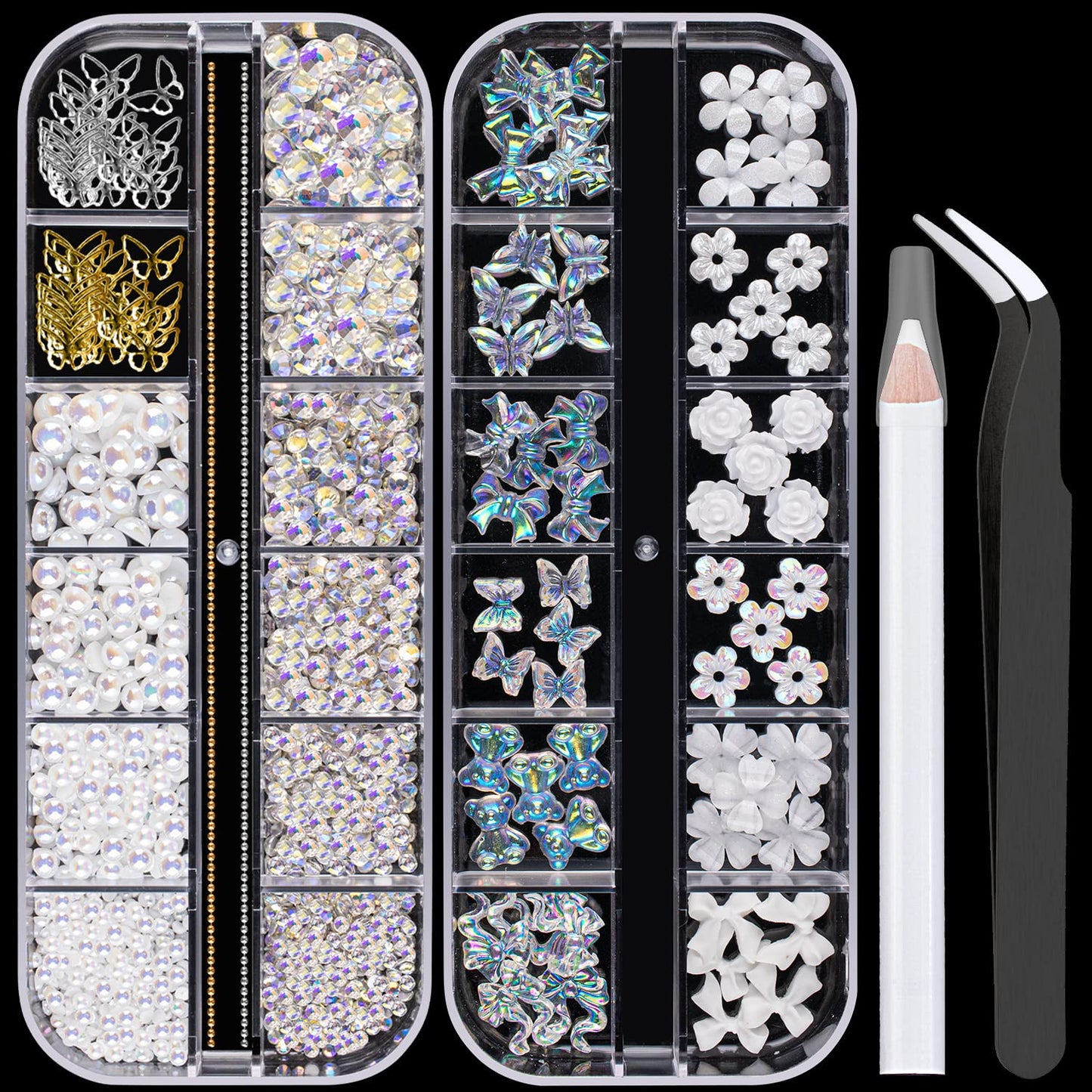 Mixed 3D Nail Art Gem Decoration Accessories Kit #7, Aurora Bear Bow Butterfly Starry Ab Rhinestone Charm Jewelry For Deco, Pear