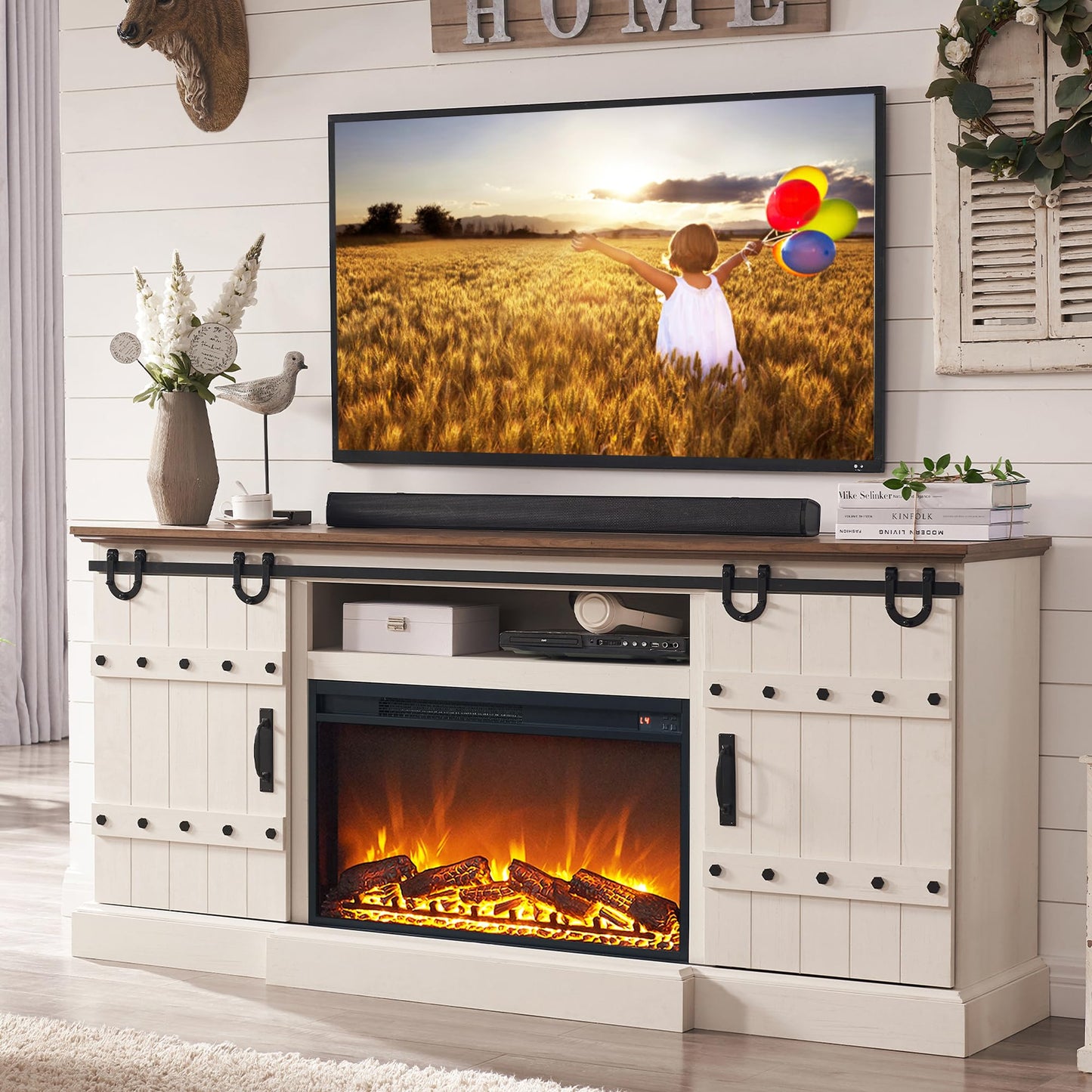 OKD Fireplace TV Stand for 75 80 Inch TV, Farmhouse Entertainment Center with Sliding Barn Doors, Rustic Media Console Table with Storage Cabinets for Living Room, Antique White