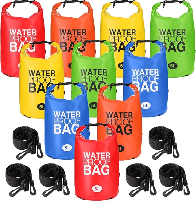 Jexine 10 Pack Dry Bag Waterproof, 5L Ultralight Dry Sacks Roll Top Storage Bag Backpack Camping Portable Outdoor Bags Keep Gear for Backpacking Kayaking Hiking Swimming Fishing Boating(Multicolor)