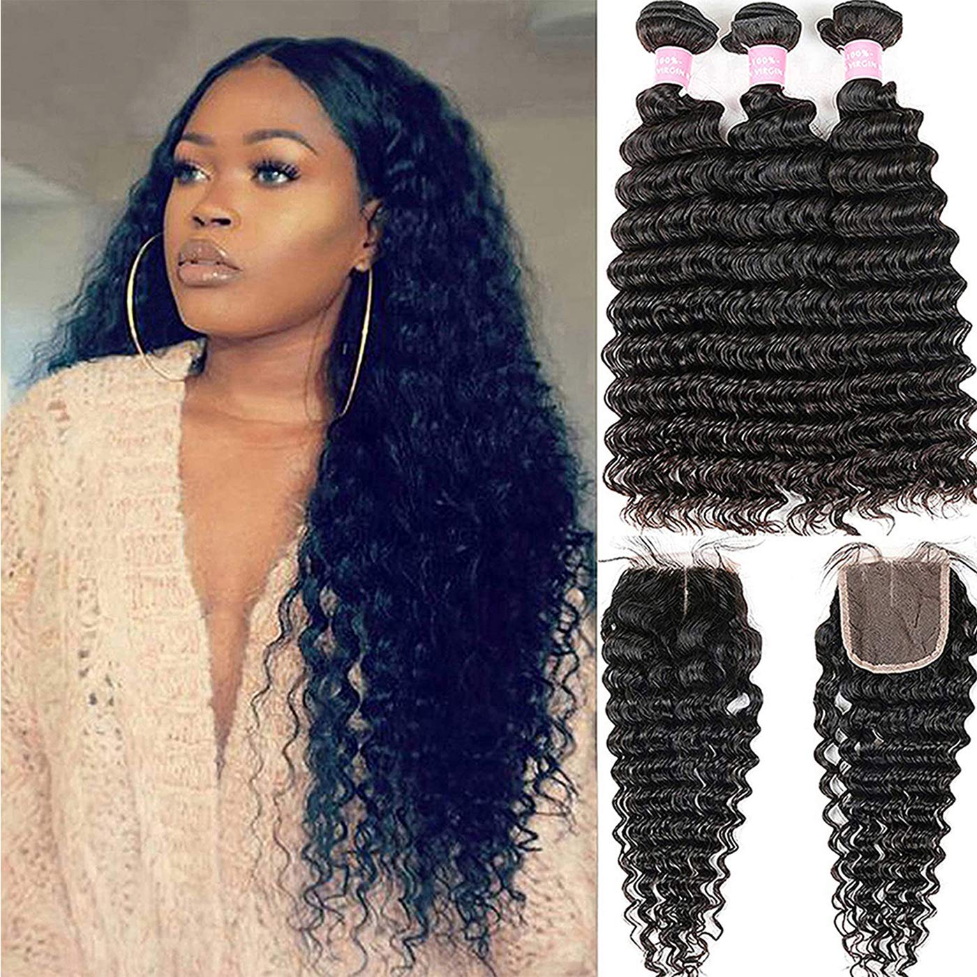 Brazilian Deep Wave Bundles With Closure Human Hair Bundles With 4X4 Middle Part Closure Unprocessed Virgin Human Hair(18 20 22+