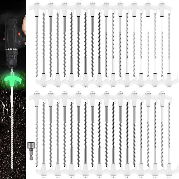 Hicarer 40 Pcs 8'' Screw in Tent Stakes Heavy Duty Ground Anchors Screw in Tent Pegs Ground Stakes Tent Spikes Metal Tent Spikes with Hex Head Driver for Camping Garden Canopies (Luminous White)