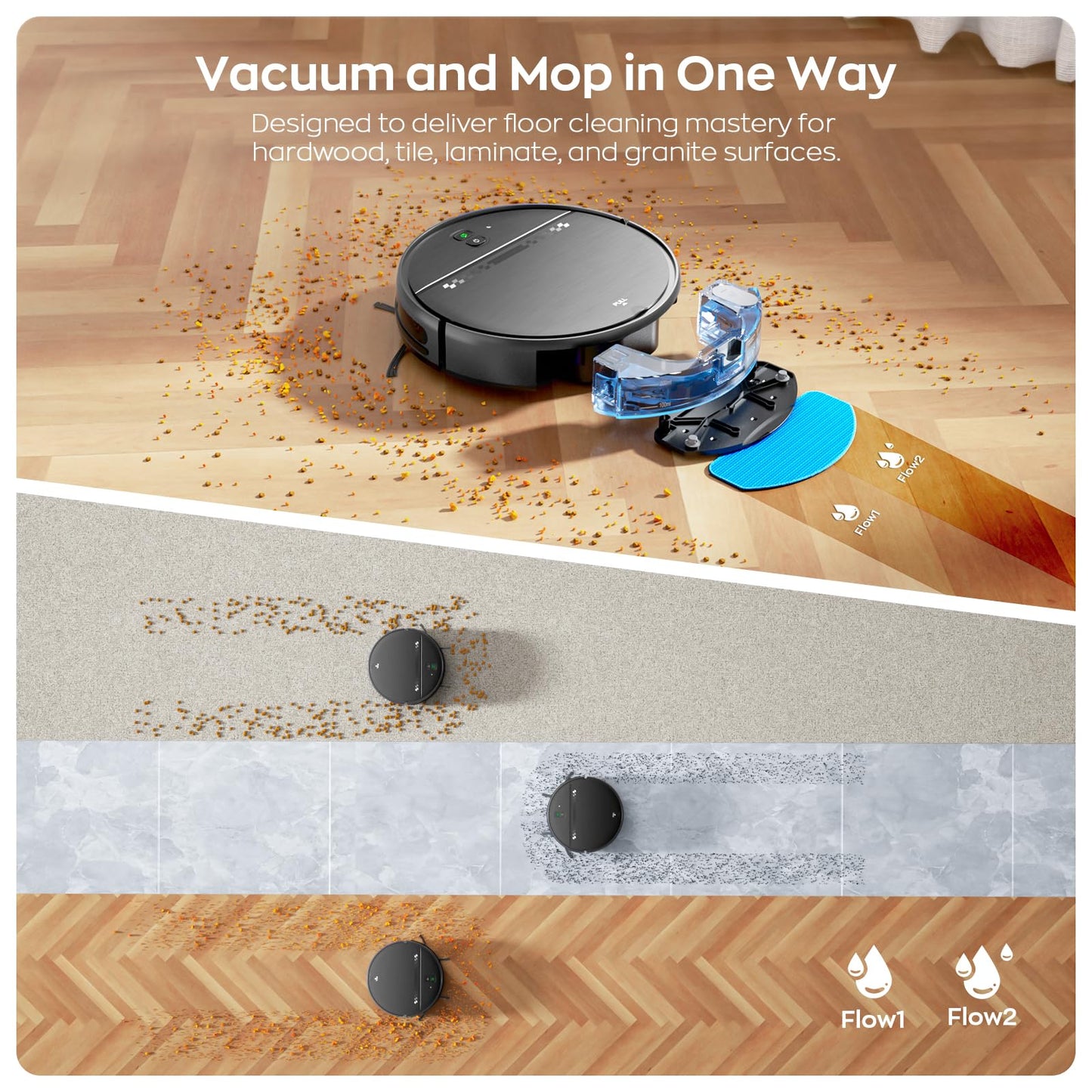 Robot Vacuum and Mop Combo, 2-in-1 Mopping Robot Vacuum Cleaner with 2300Pa Suction, 2.87'' Slim Design, Wi-Fi/App/Voice Control, 3D Obstacle Avoidance&Self-Charging for Hard Floors, Carpets, Pet Hair