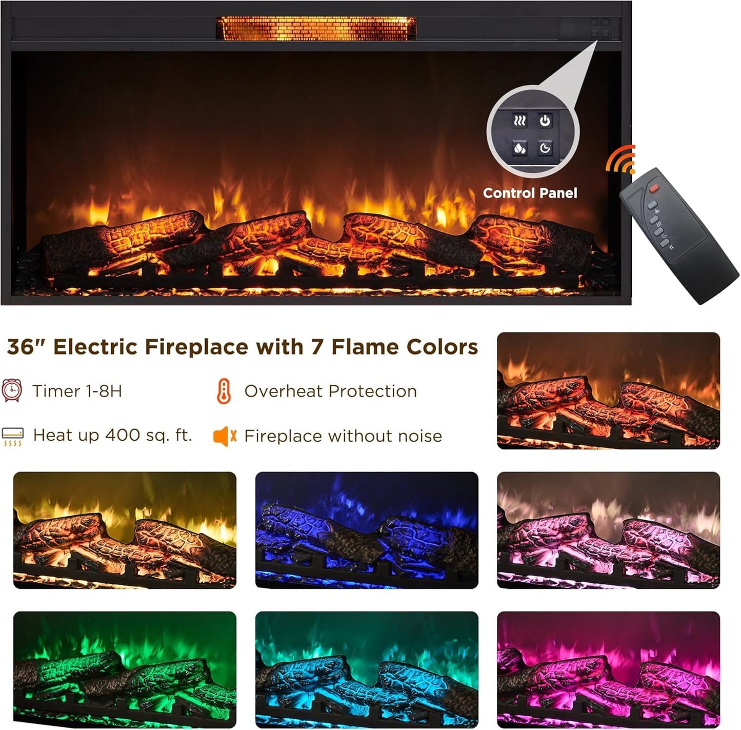 RedLemon Fireplace TV Stand for 80 Inch TV, Mid Century Modern Entertainment Center with 36" Electric Fireplace & Led Lights, Wood Media Console w/Slatted Sliding Doors for Living Room, Dark Walnut