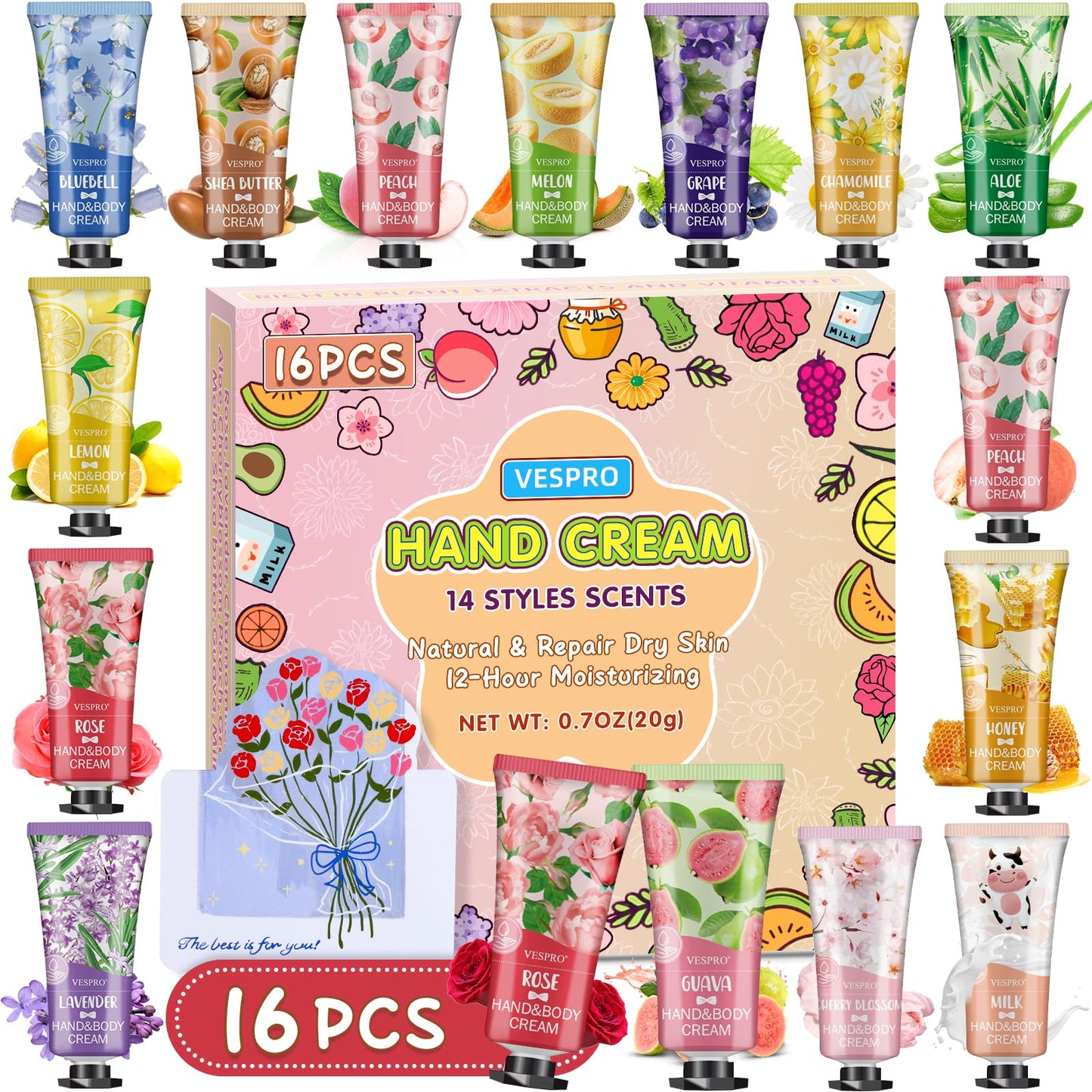 16 Pack Hand Cream Gifts Set, Easter Basket Stuffers, Mothers Day Gifts, Bulk Hand Lotion Travel Size for Dry Cracked Hands, Mini Hand Lotion for Teacher Appreciation Gifts with a Greeting Card